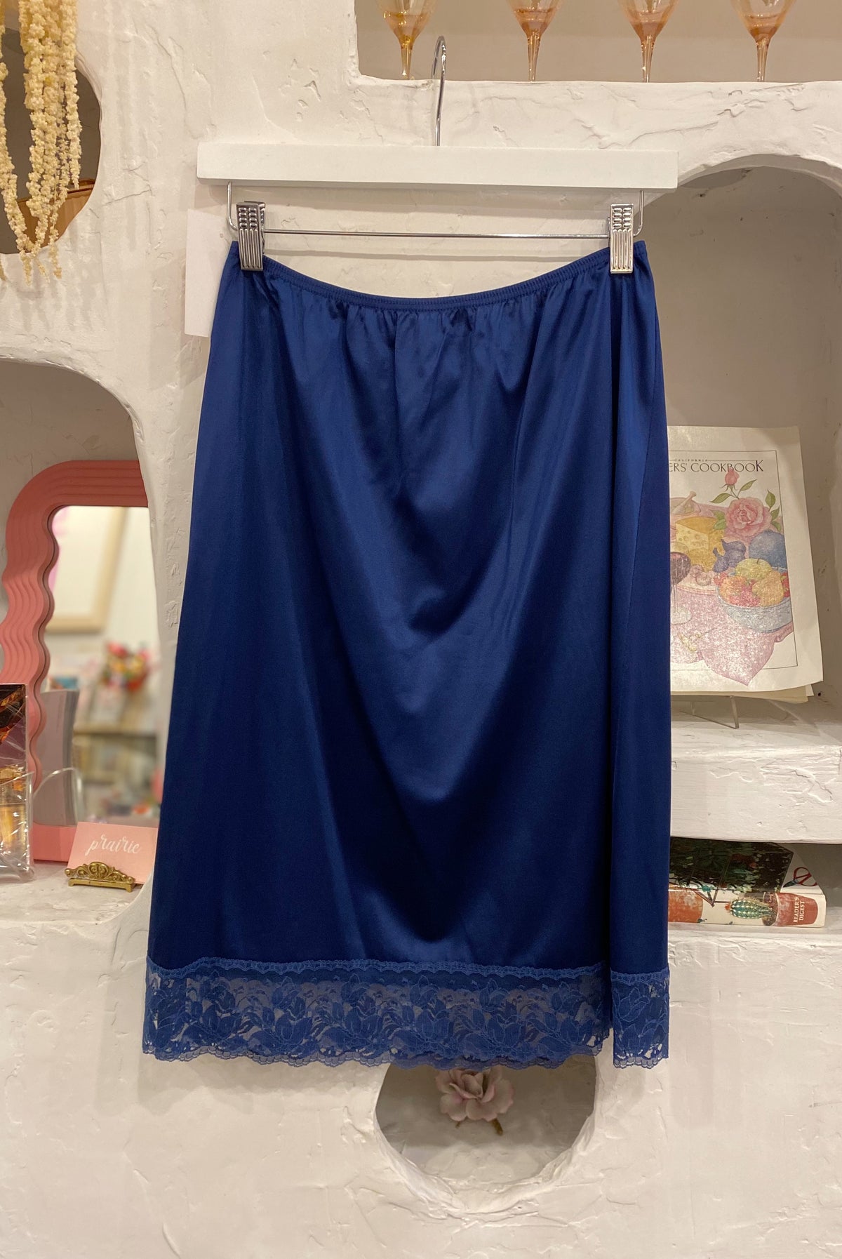Navy Slip Skirt with Lace Trim