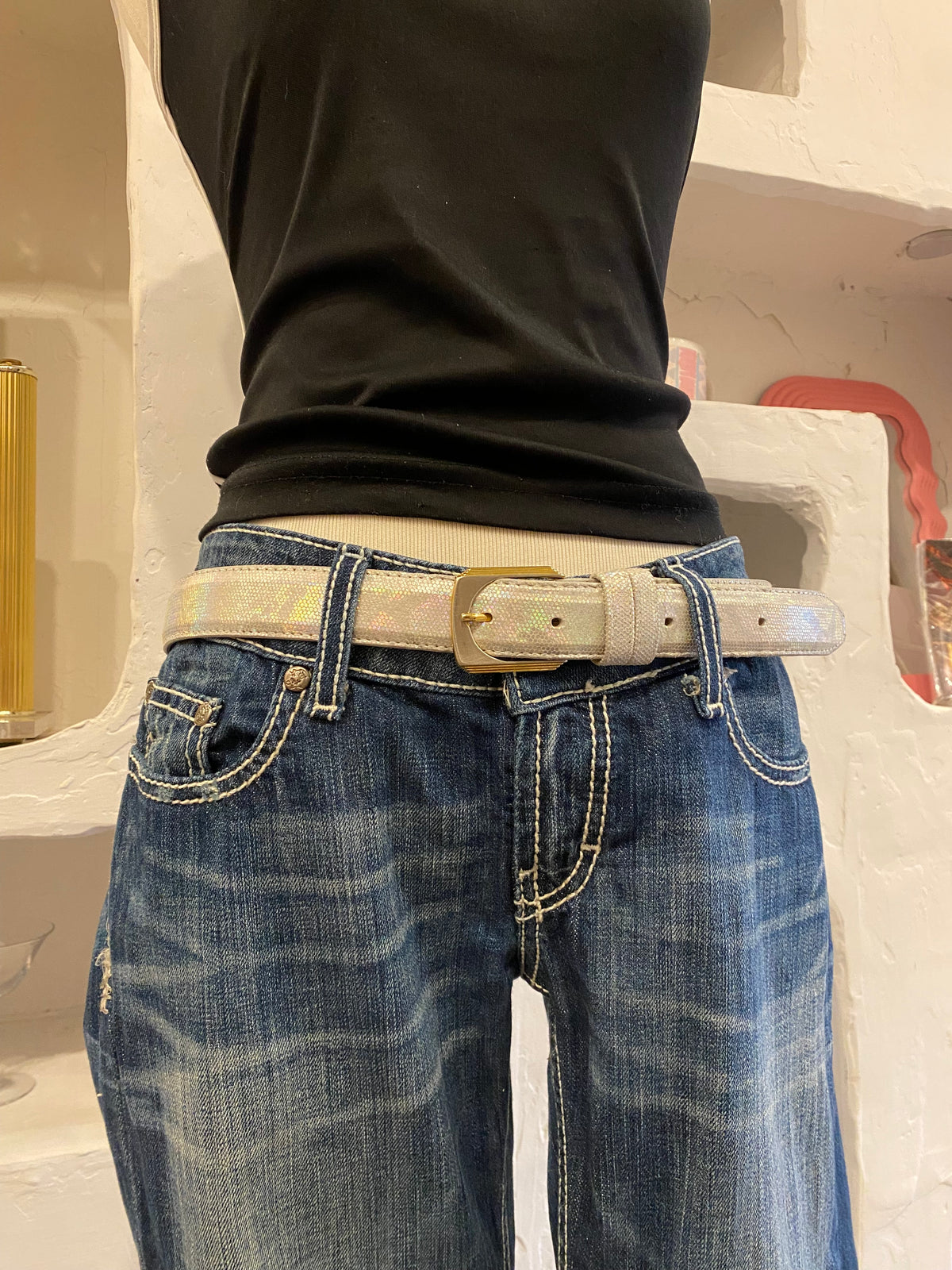 Silver Holographic Reptile Leather Belt