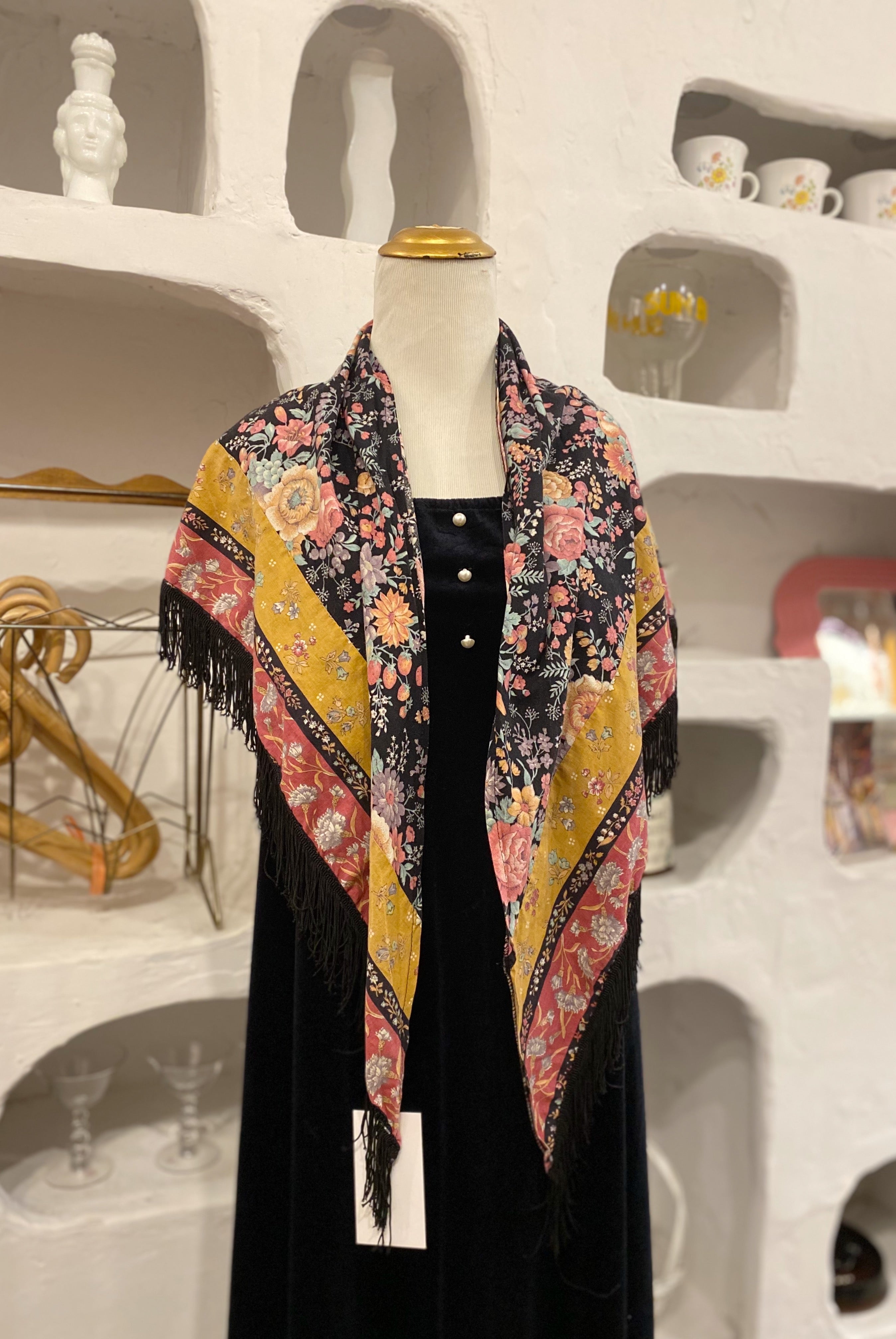 Folk Floral Triangle Scarf with Fringe