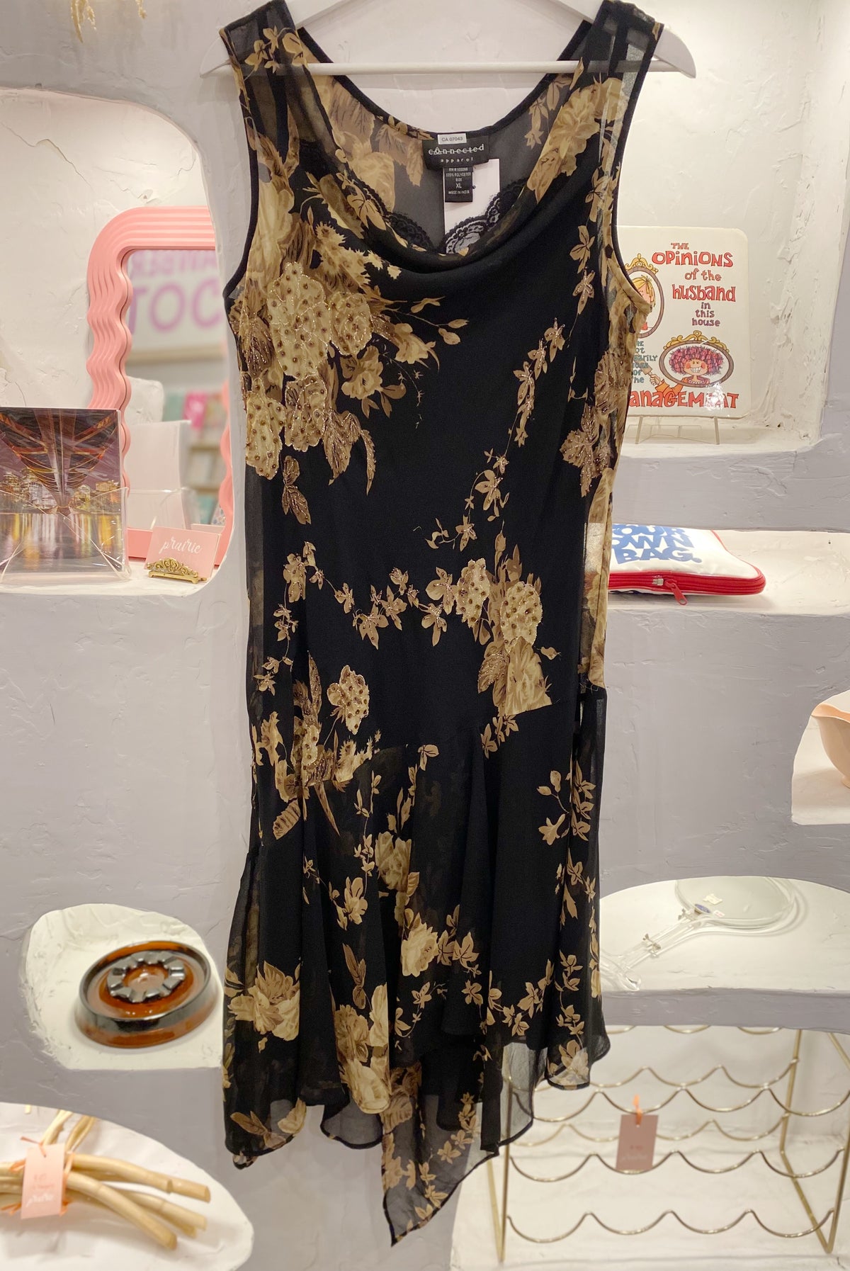 Beaded Floral Mesh Dress with Asymmetrical Hem