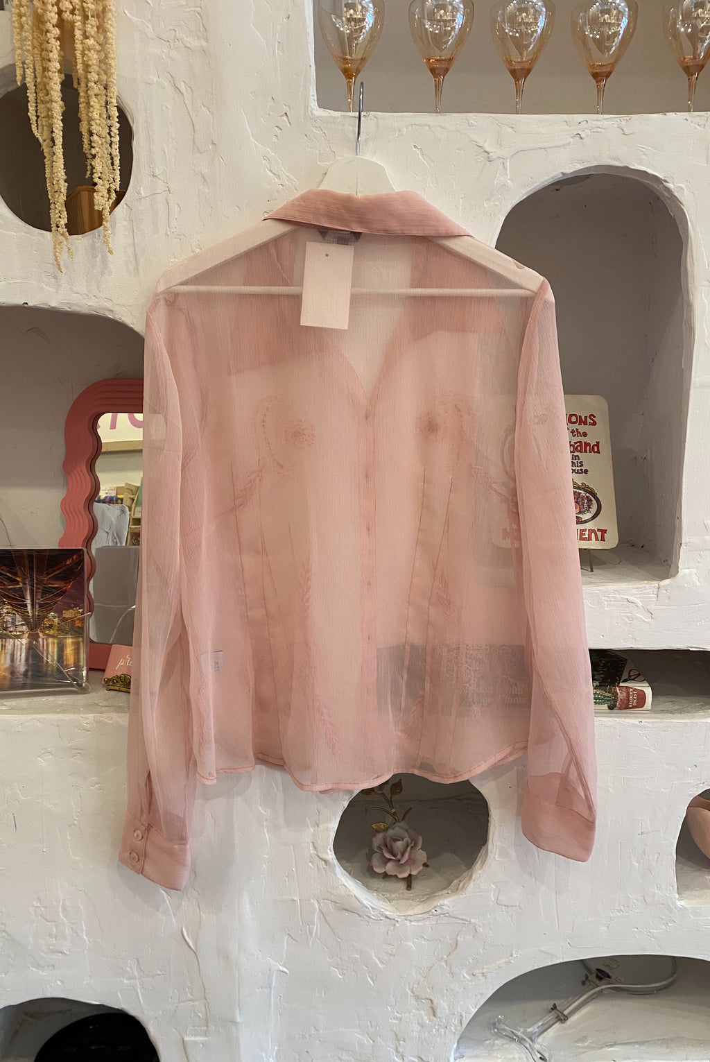 Sheer Pink Embroidered Beaded Blouse