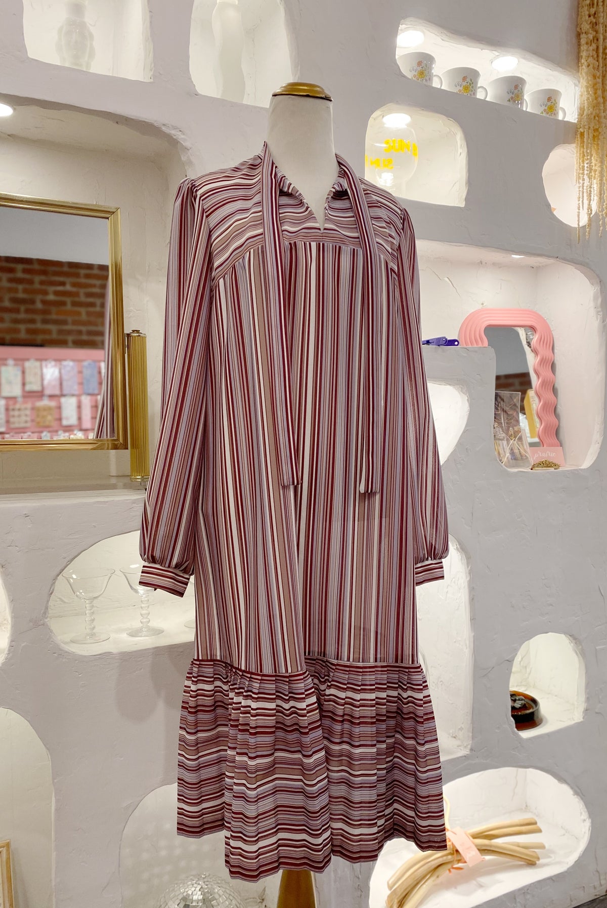 Retro Striped Dress with Pleated Hem