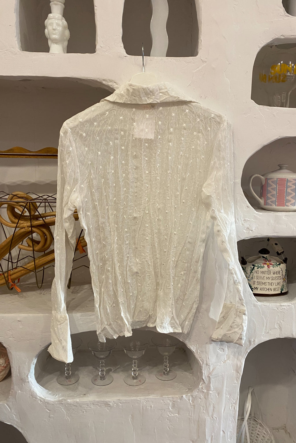 White Sheer Crinkled Eyelet Button-Up Blouse
