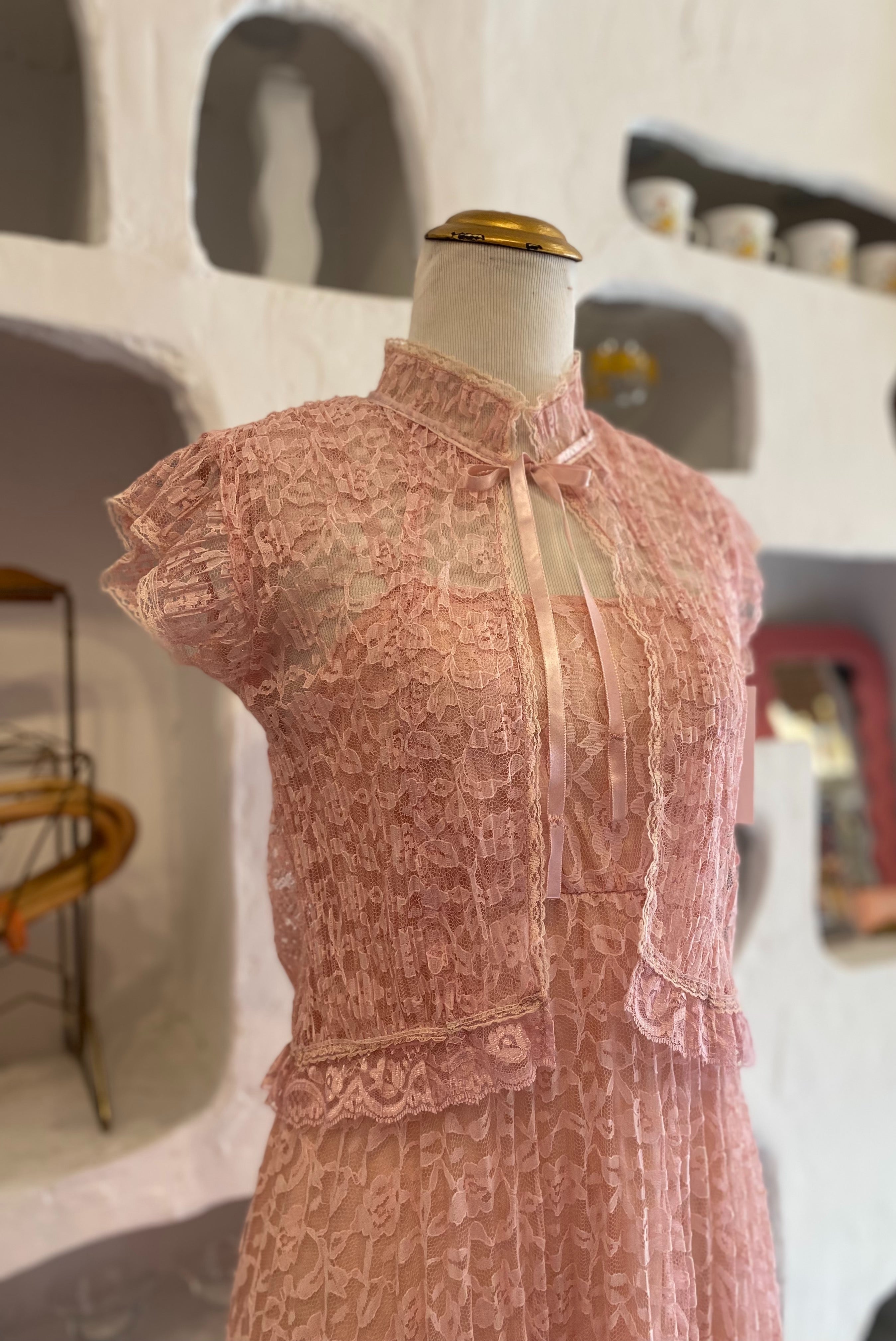 70s Pink Lace Maxi Dress + Cropped Jacket Set