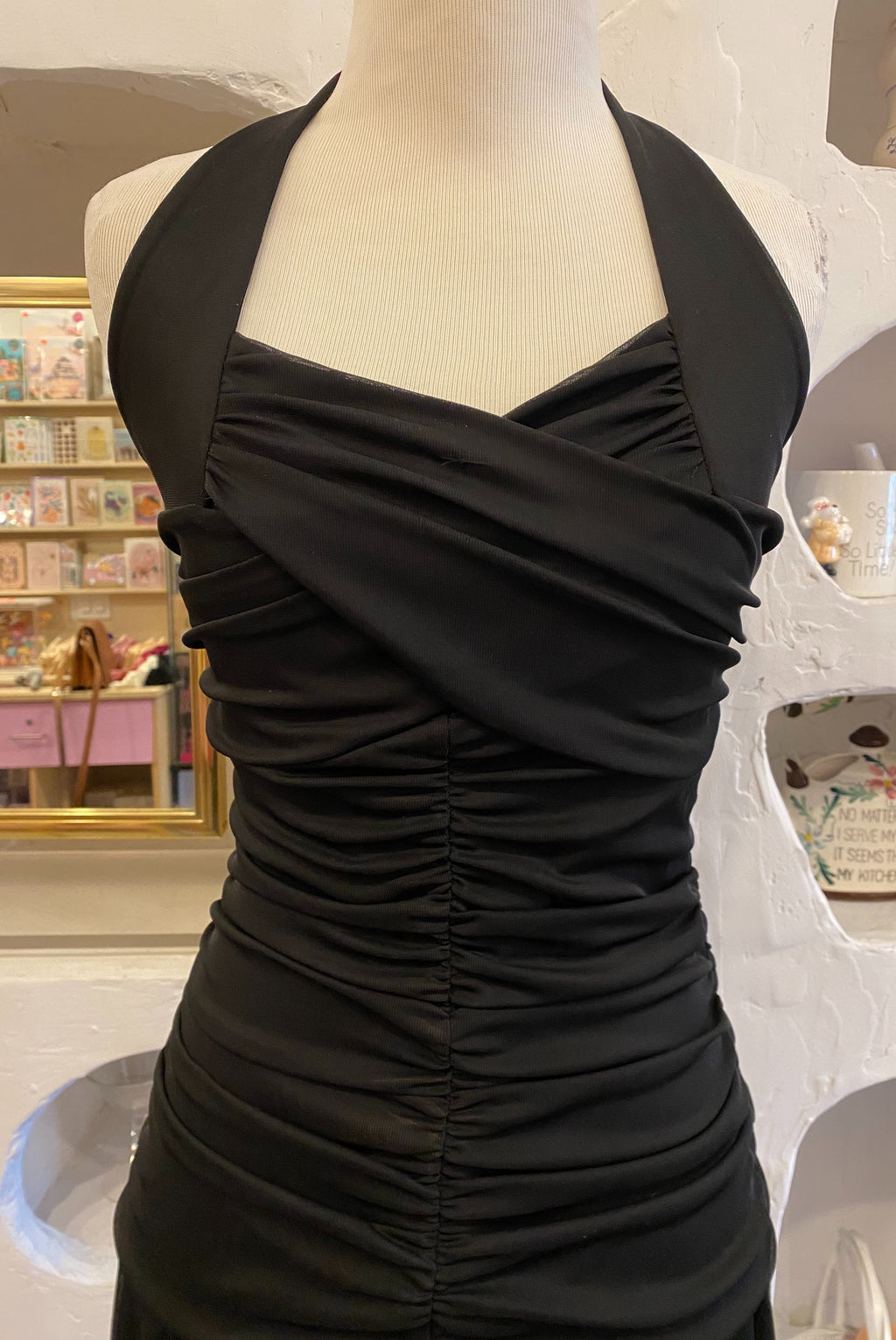 Y2K Black Mesh Ruched Halter Dress