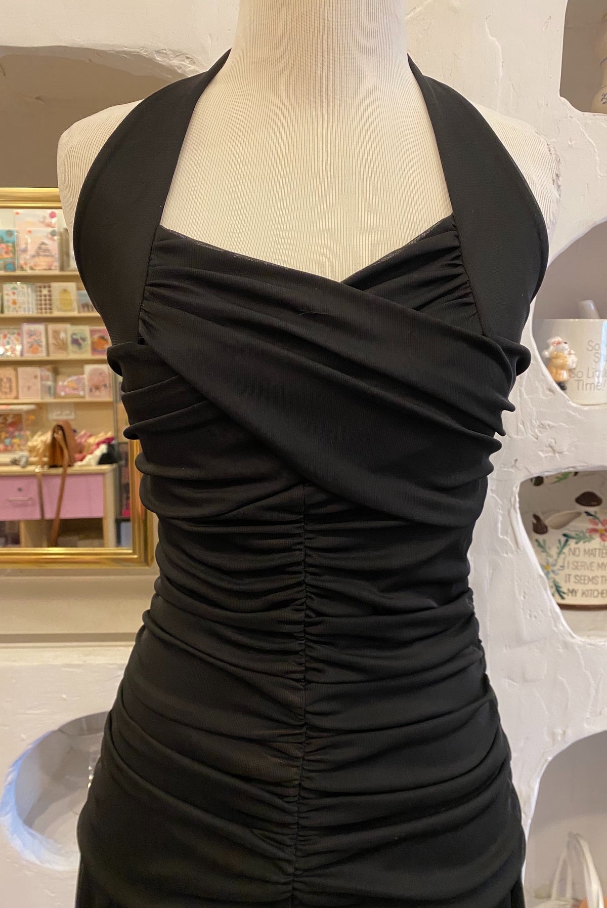 Y2K Black Mesh Ruched Halter Dress