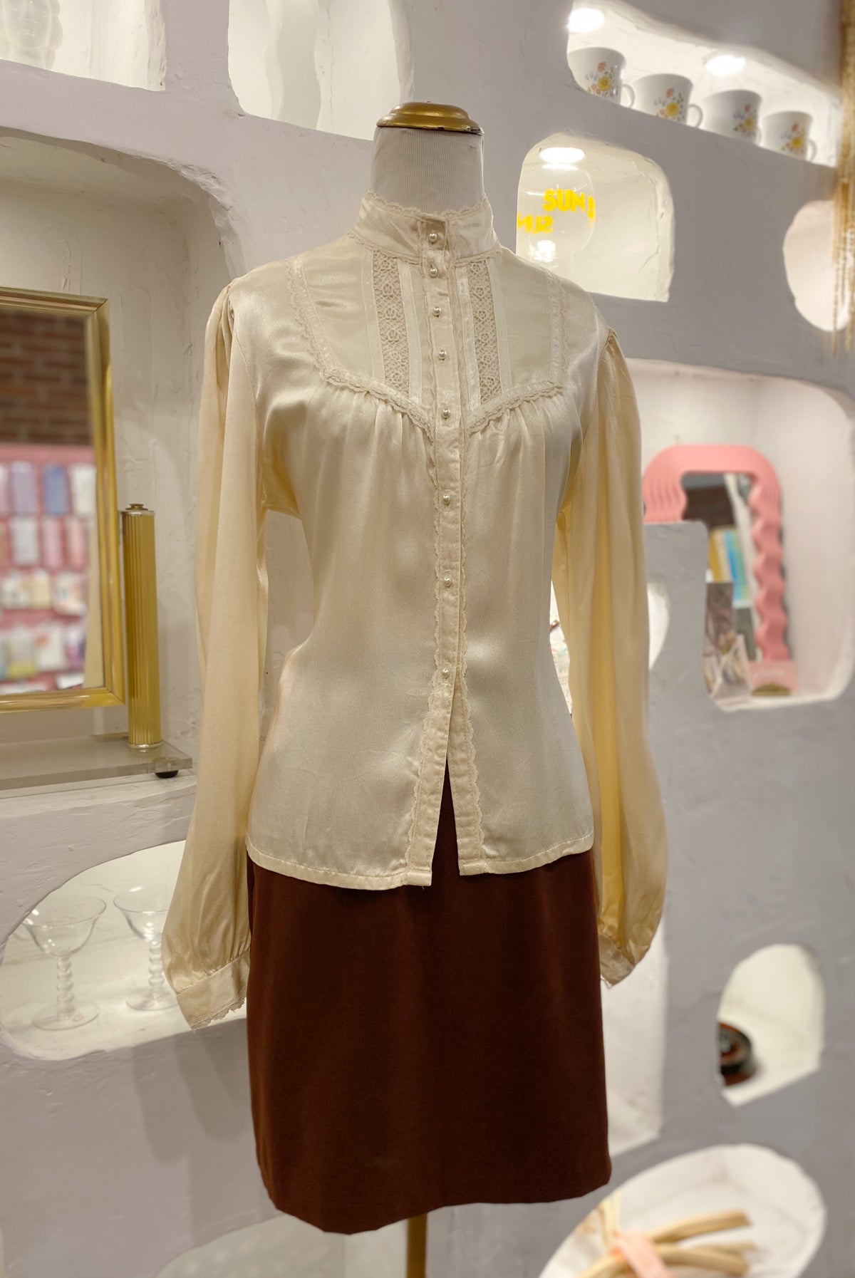 70s Cream Satin Prairie Blouse