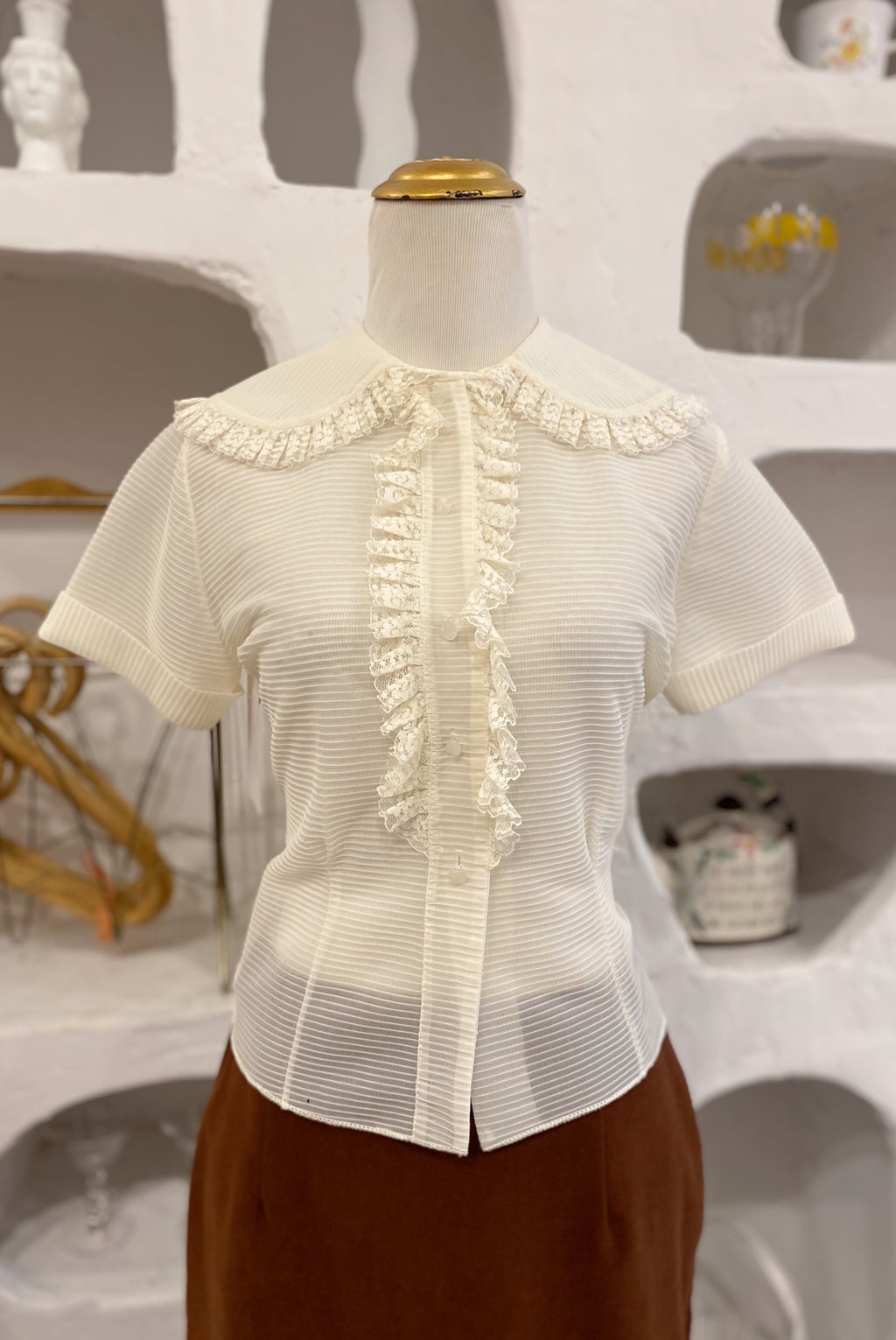 Vintage Inspired Pleated Blouse with Lace Placket