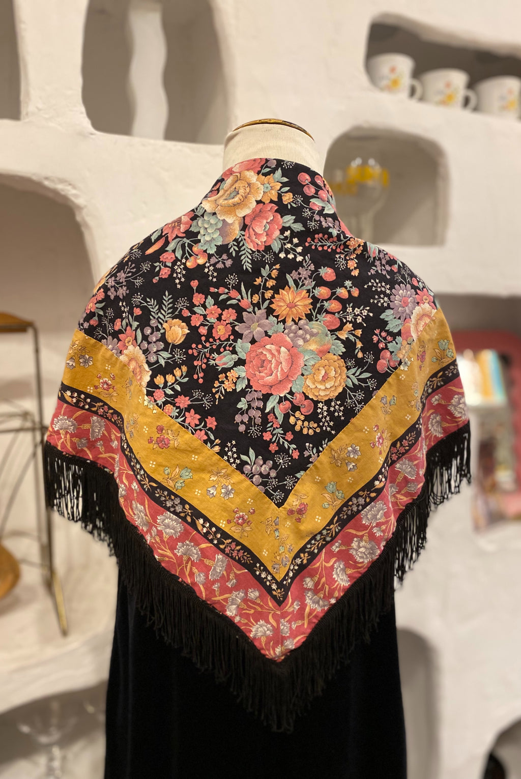 Folk Floral Triangle Scarf with Fringe