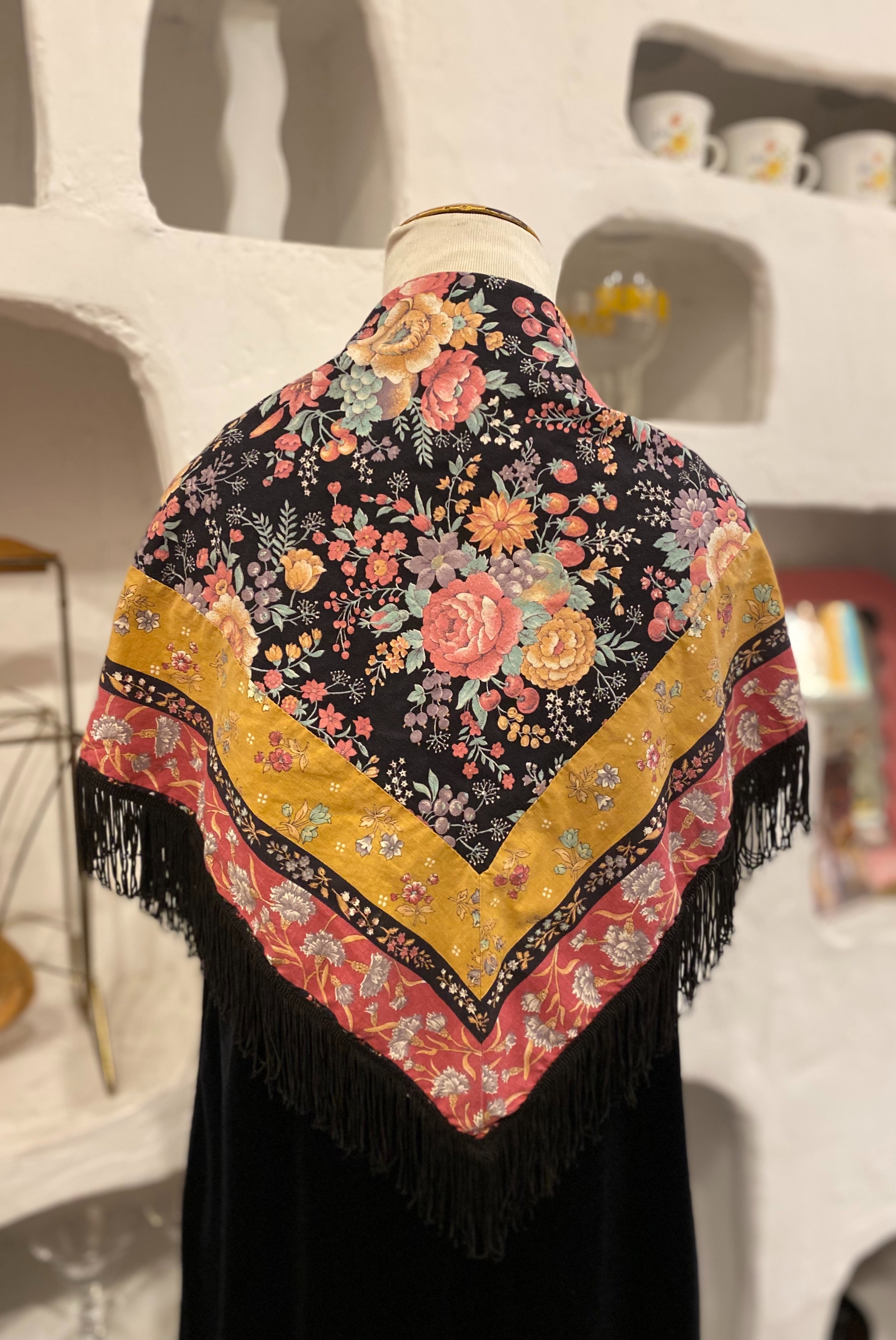Folk Floral Triangle Scarf with Fringe