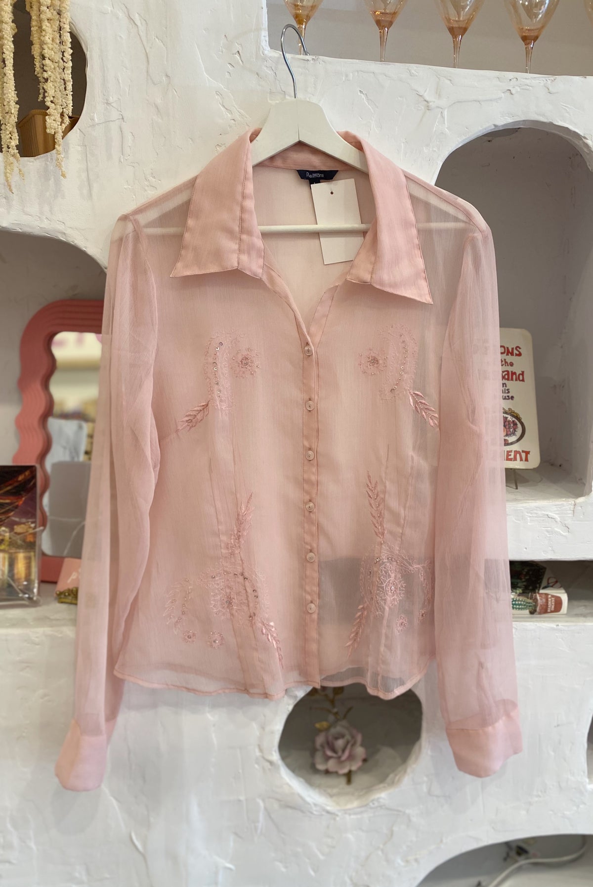 Sheer Pink Embroidered Beaded Blouse