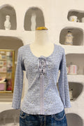 Y2K Floral Ribbed Lace Up Shirt