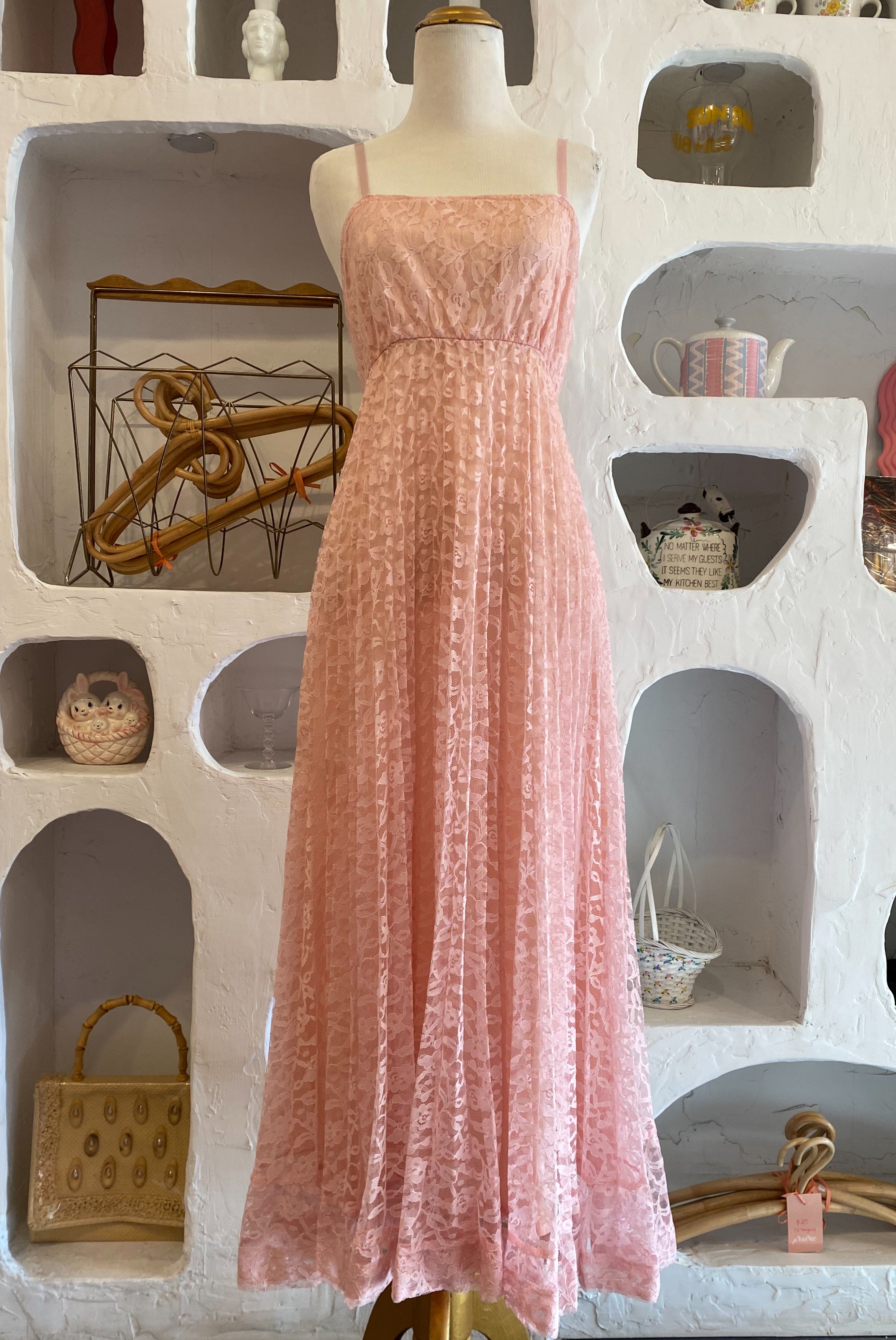 70s Pink Lace Maxi Dress + Cropped Jacket Set