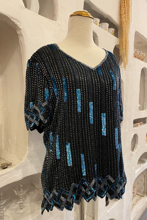 80s Silk Beaded & Sequin Blouse