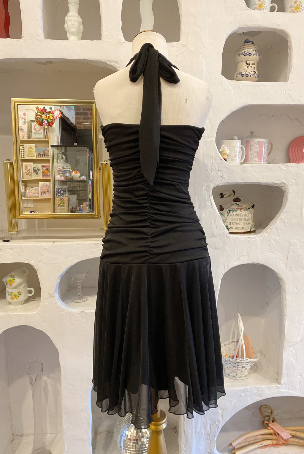 Y2K Black Mesh Ruched Halter Dress