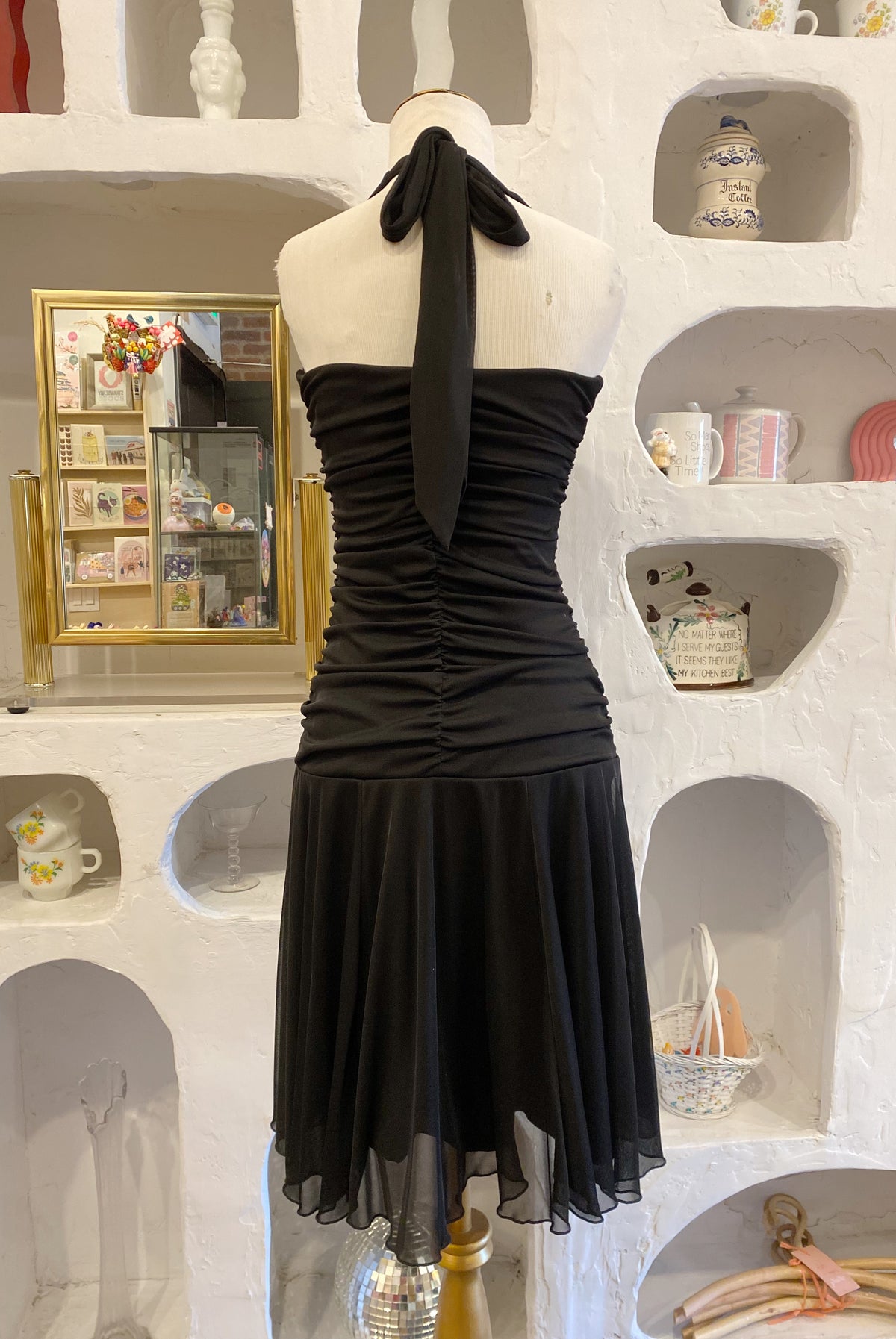 Y2K Black Mesh Ruched Halter Dress