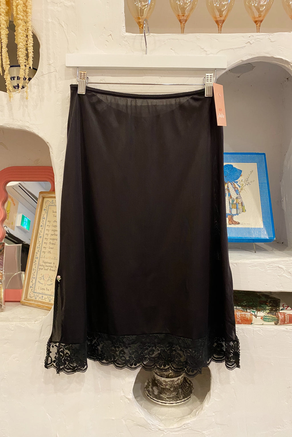 Black Slip Skirt with Rosebud Accents