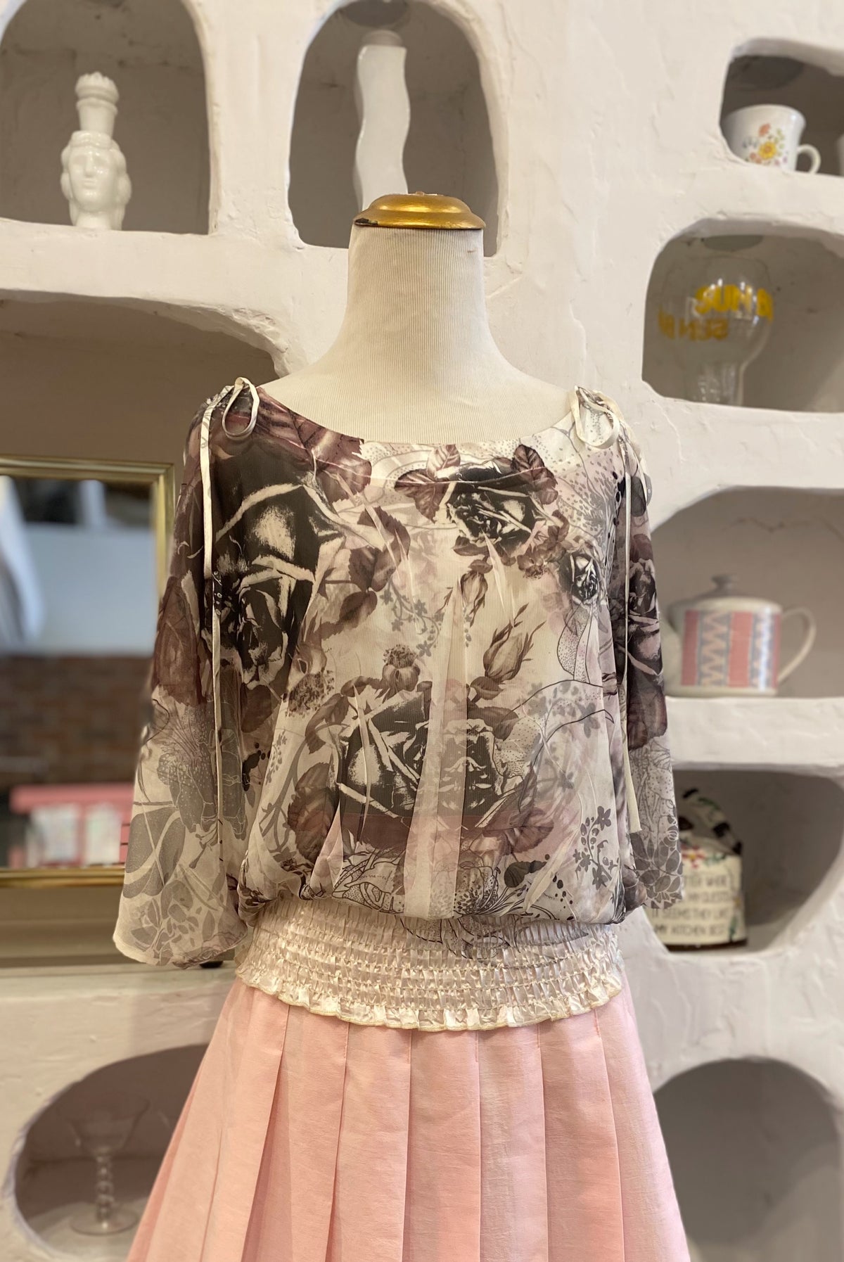 Botanical Print Shoulder Tie Blouse