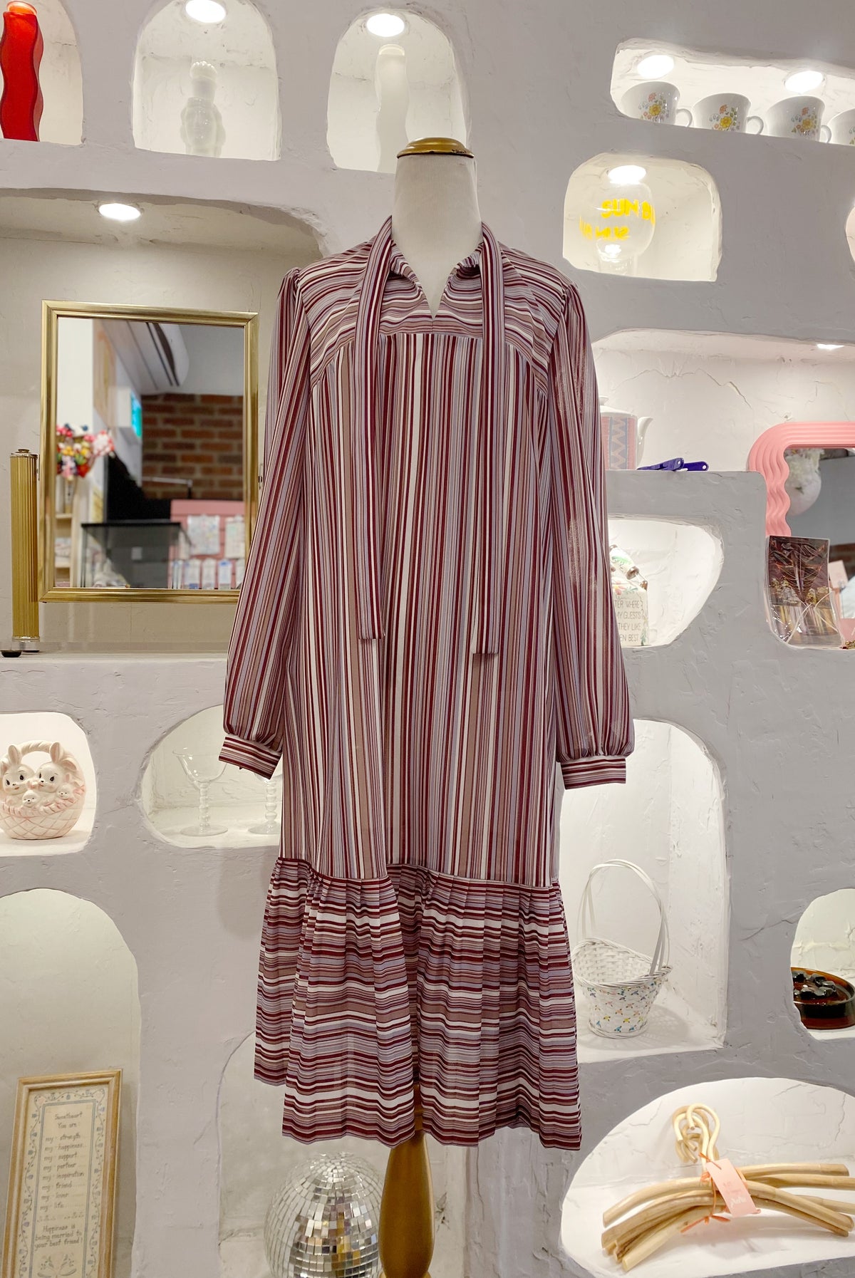 Retro Striped Dress with Pleated Hem