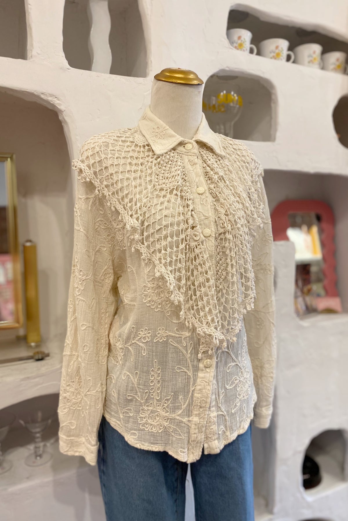 Victorian Revival Embroidered Cotton Button Up