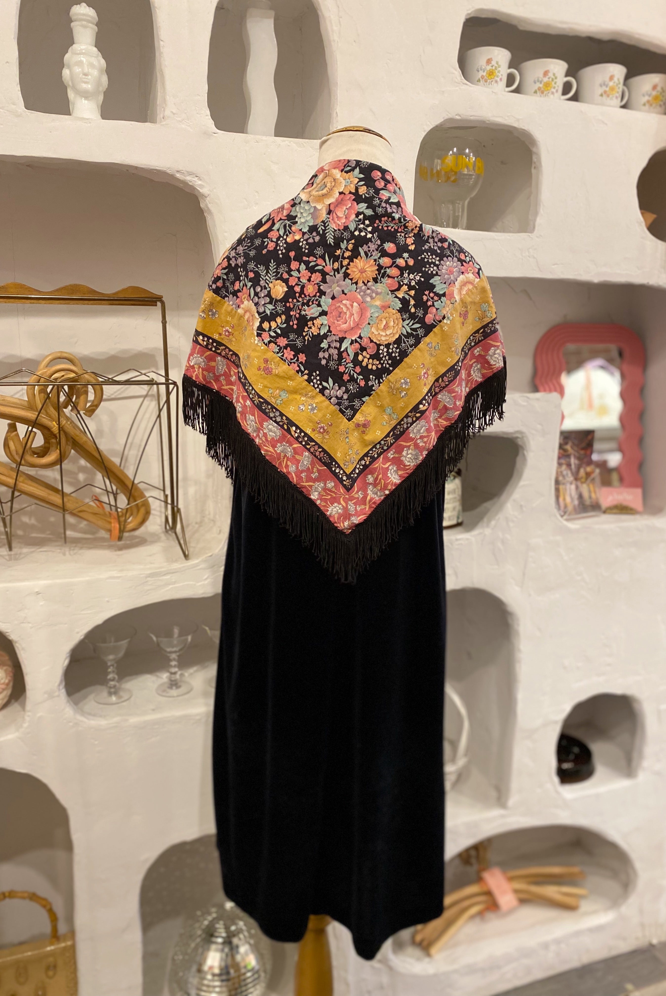 Folk Floral Triangle Scarf with Fringe