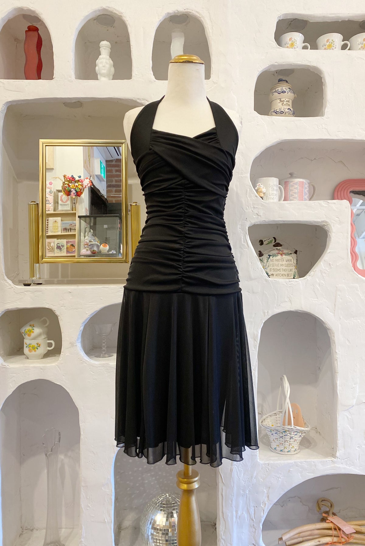 Y2K Black Mesh Ruched Halter Dress