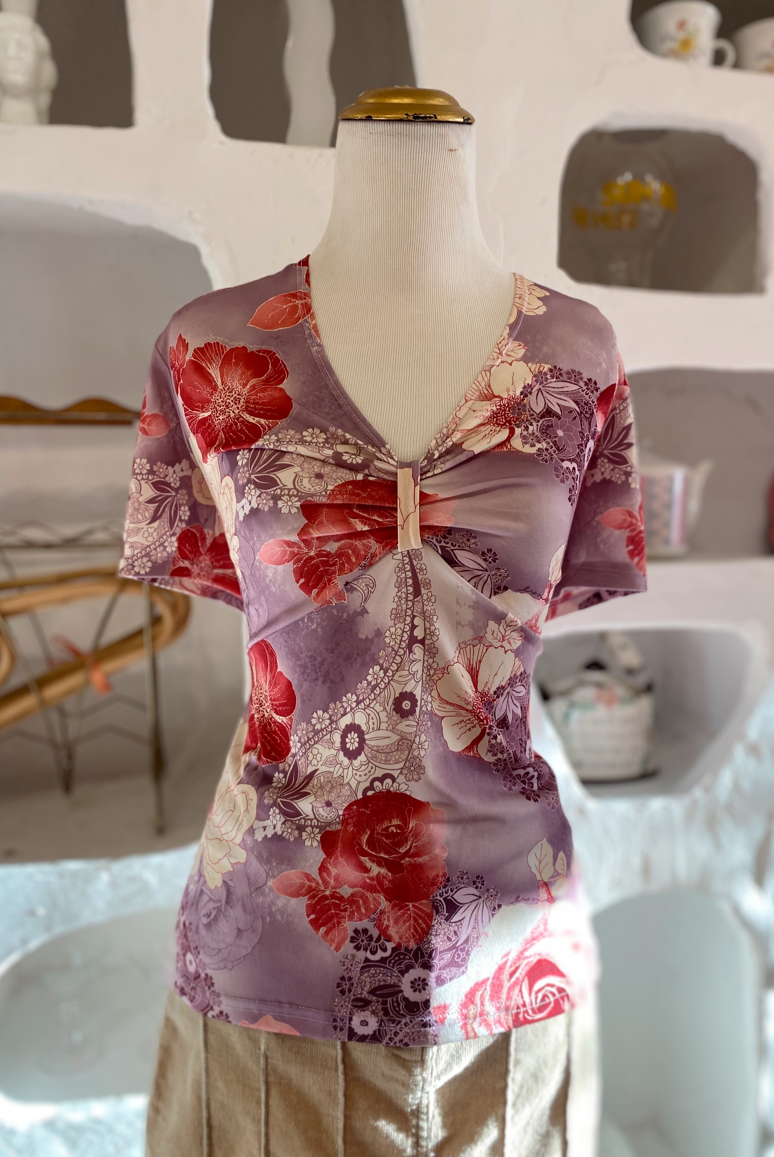 Y2K Floral Tee with Cinched Bust