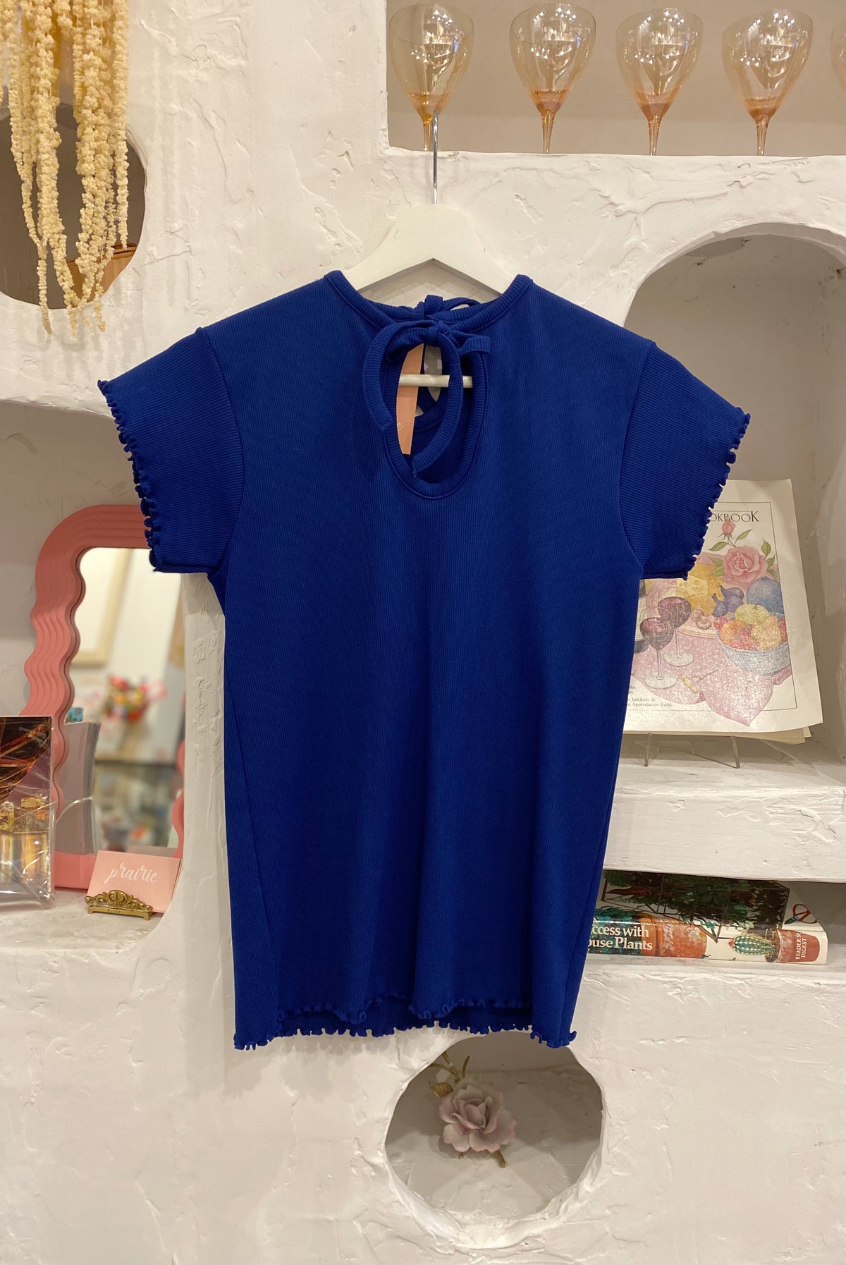 Ribbed Navy Tee with Keyhole Neckline