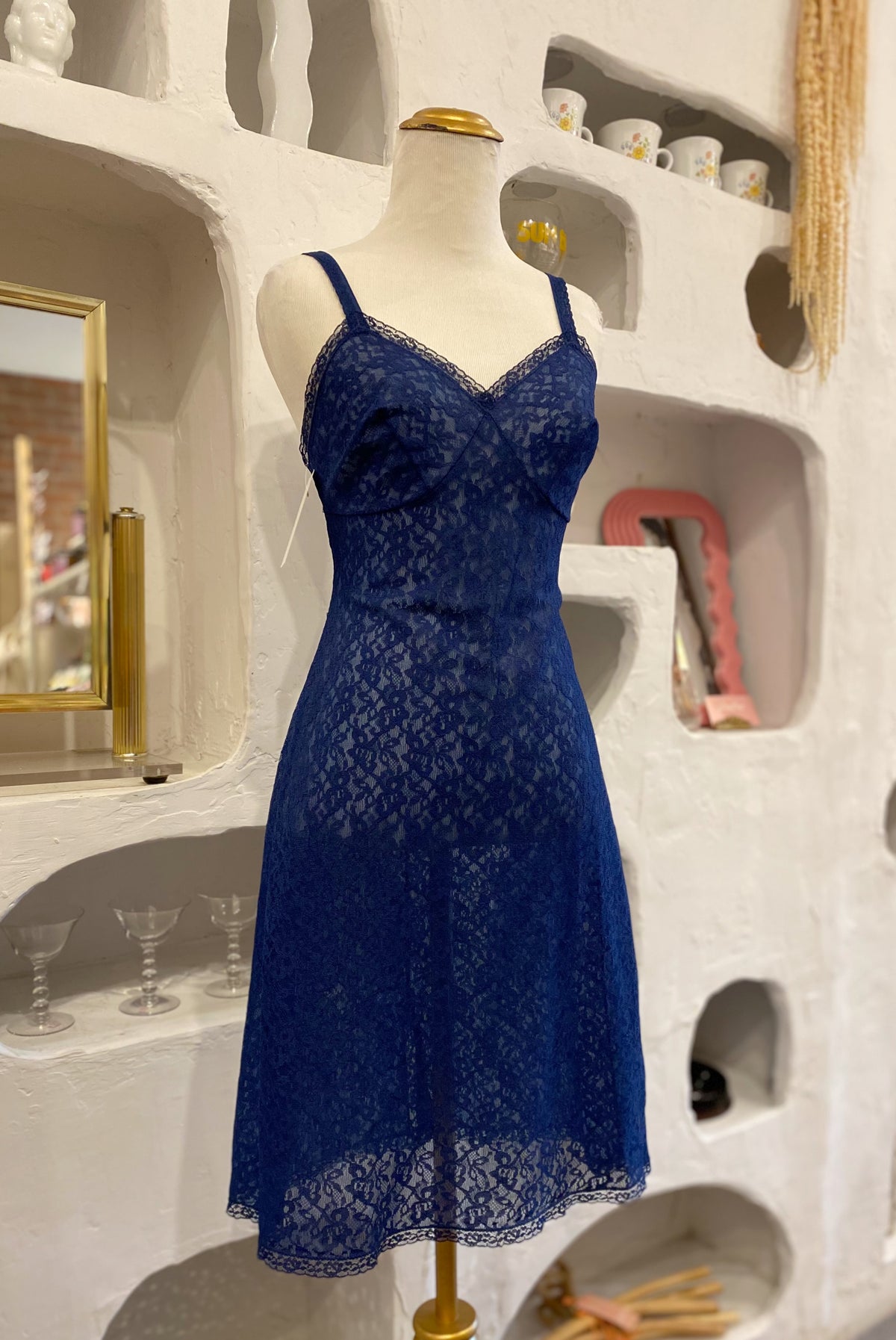 Sheer Navy Blue Lace Slip Dress