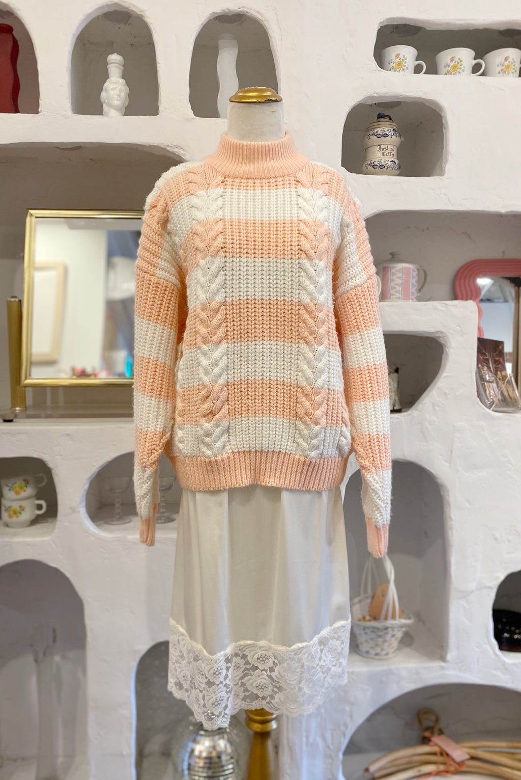 Chunky Peach & White Striped Sweater