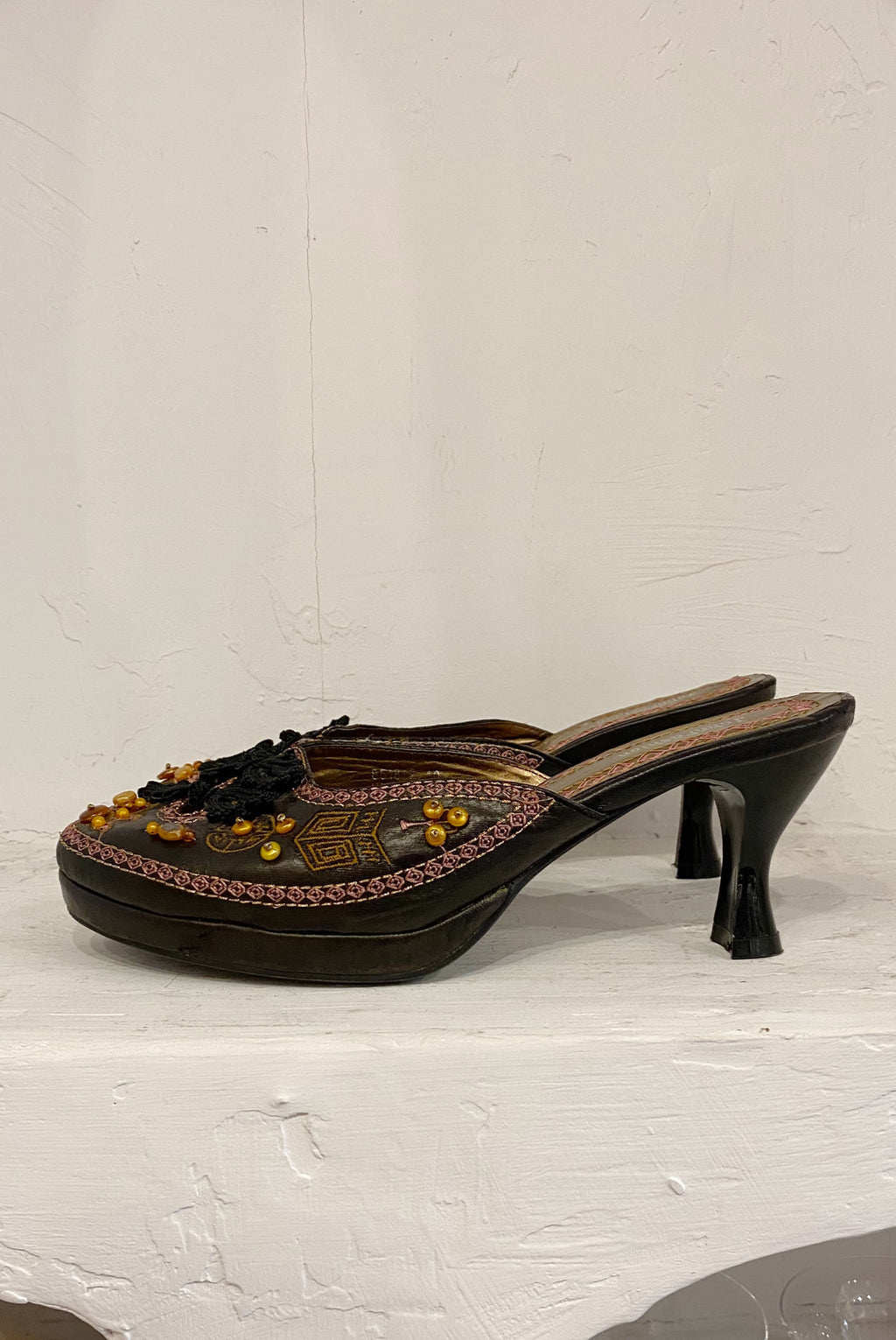 Beaded Chinoiserie Slip On Mules