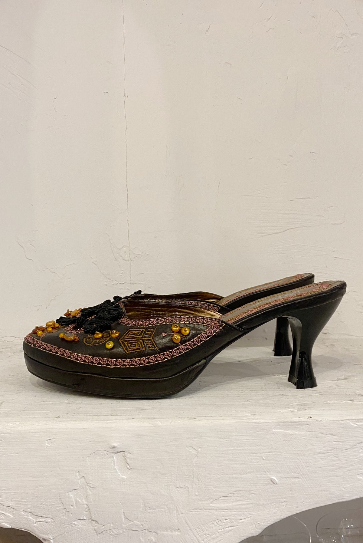 Beaded Chinoiserie Slip On Mules