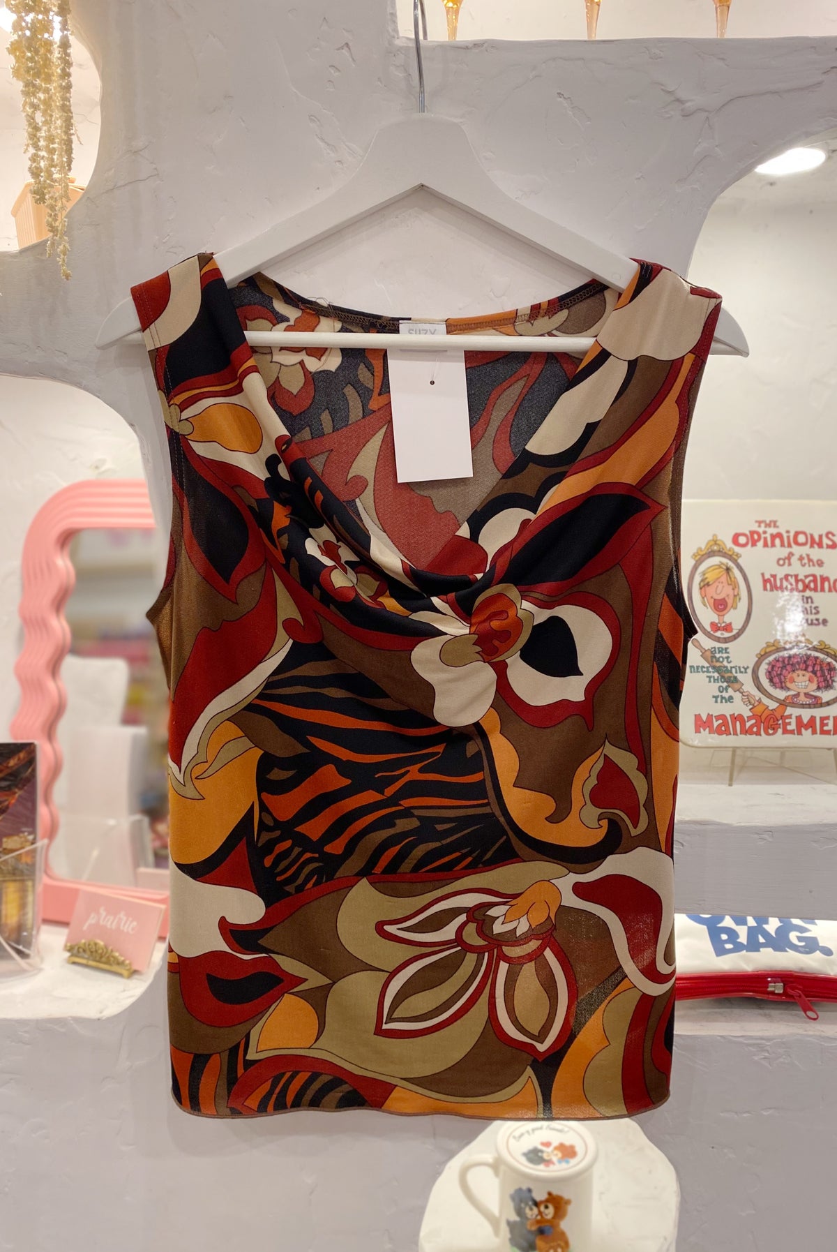 Abstract Floral Y2K Cowl Neck Top