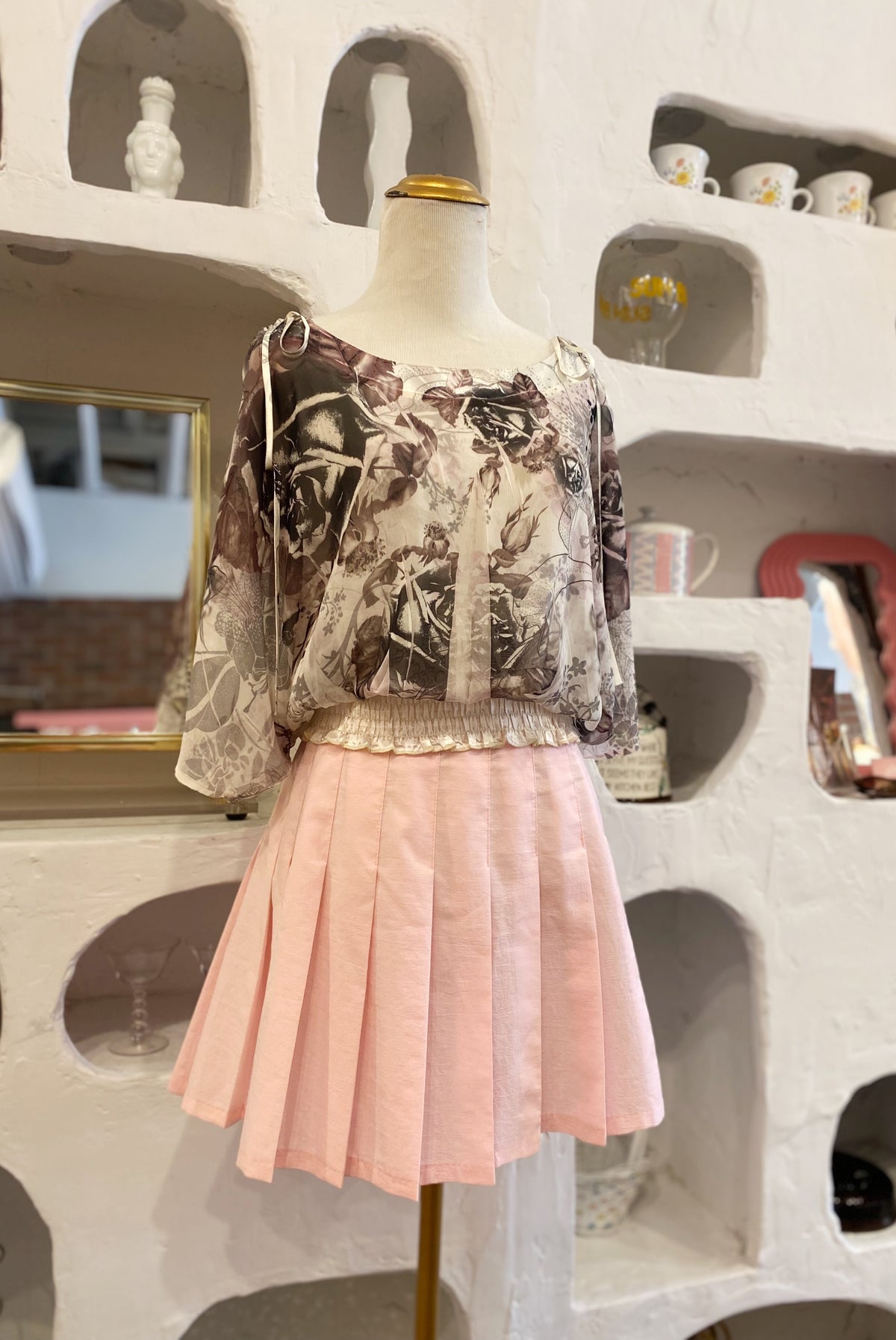 Botanical Print Shoulder Tie Blouse