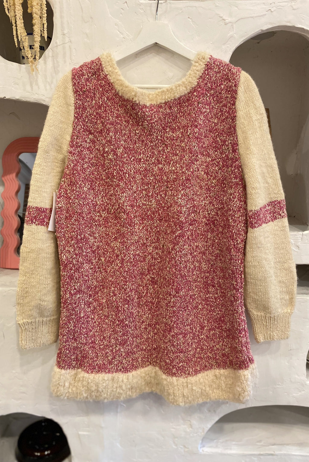 Hand Knit Raspberry & Cream Sweater