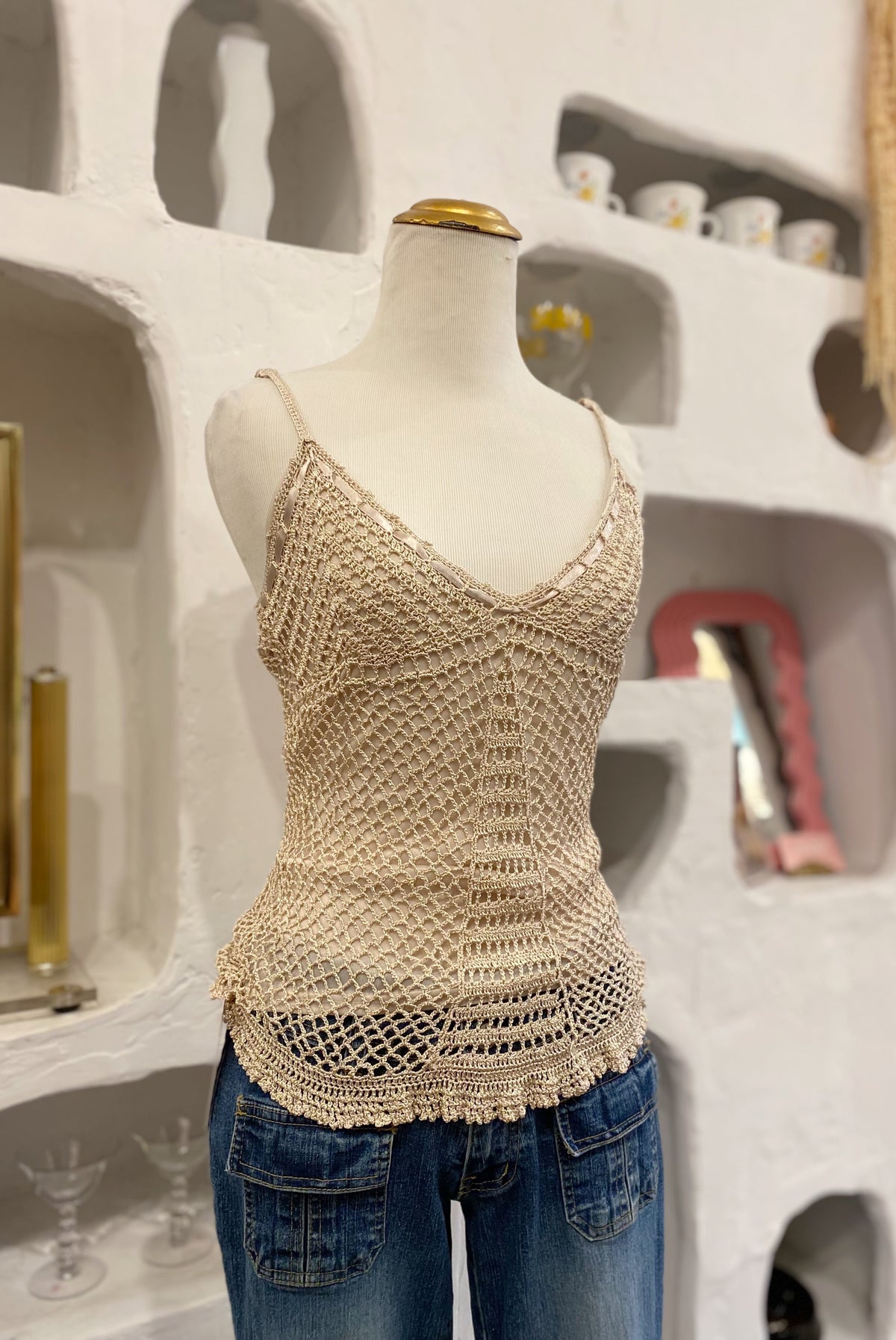 Y2K Beige Lined Crochet Tank Top