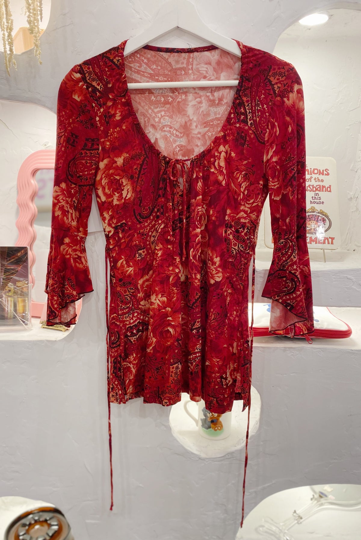 Y2K Red Floral Top with Trumpet Sleeves