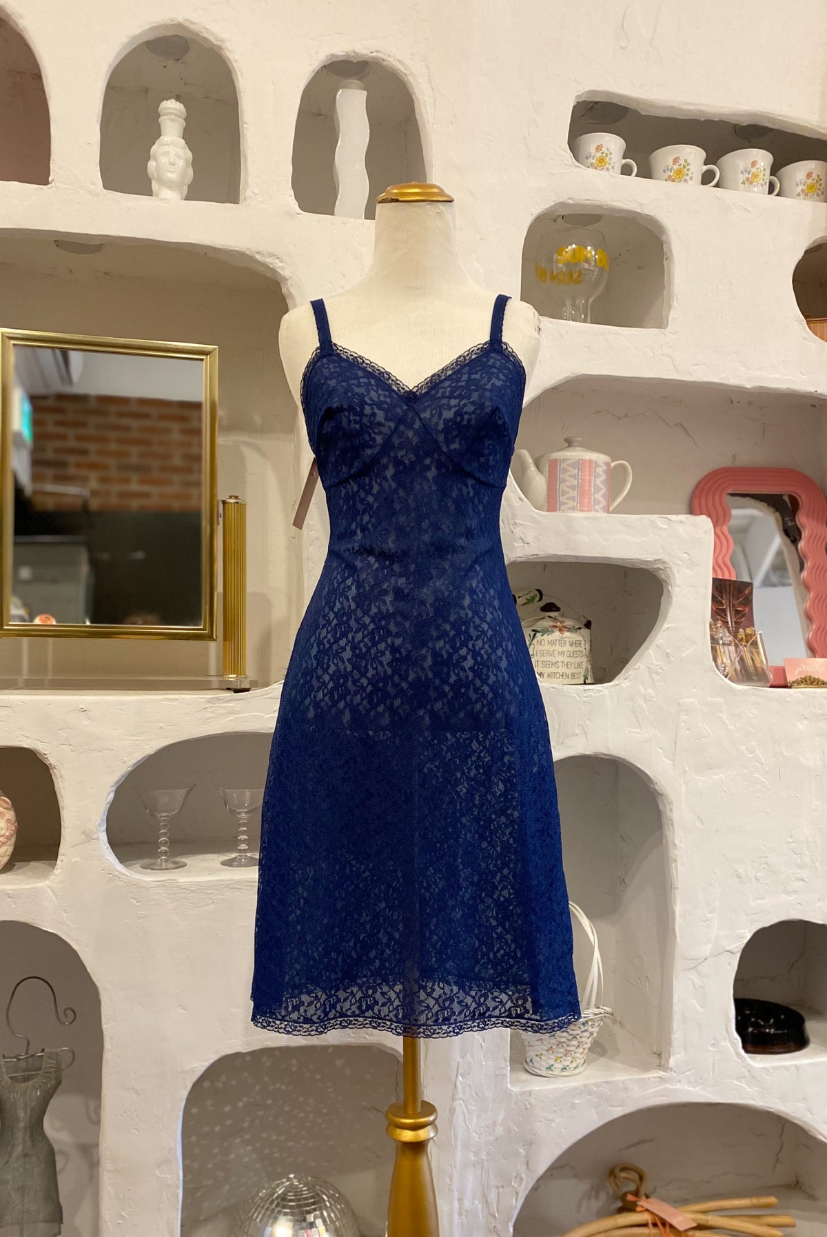 Sheer Navy Blue Lace Slip Dress