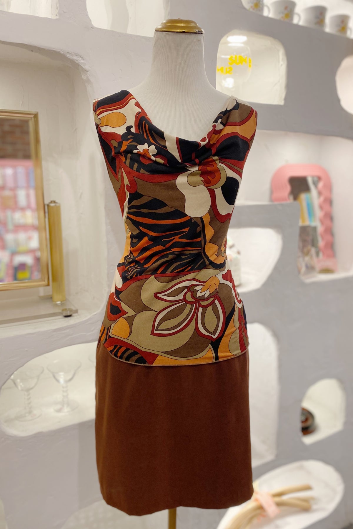Abstract Floral Y2K Cowl Neck Top