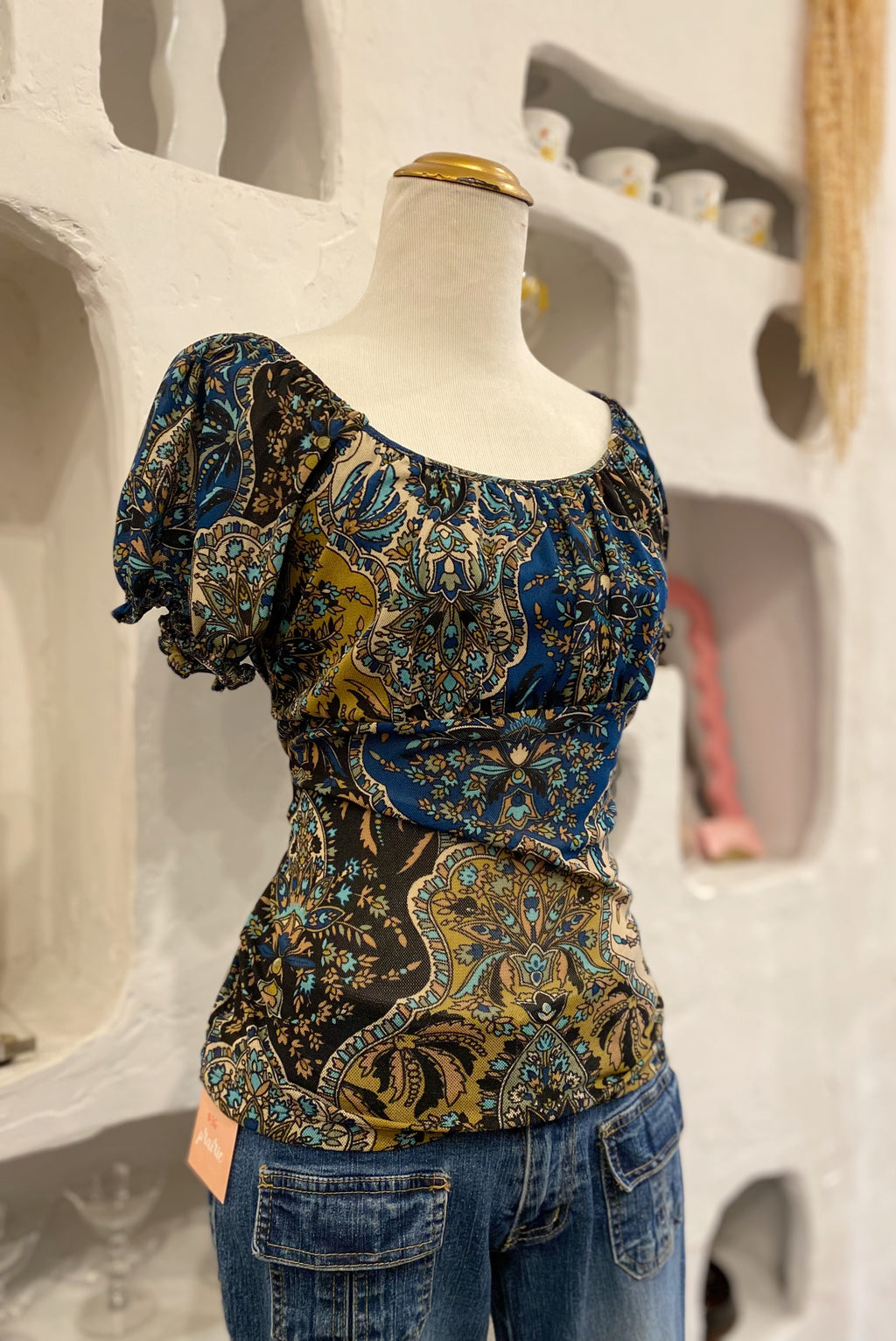 Paisley Mesh Off-The-Shoulder Tee