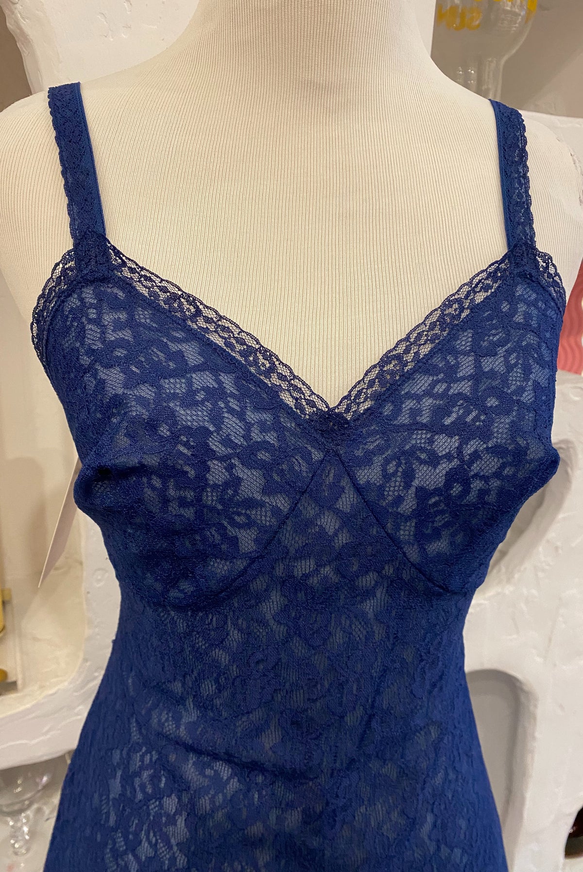 Sheer Navy Blue Lace Slip Dress