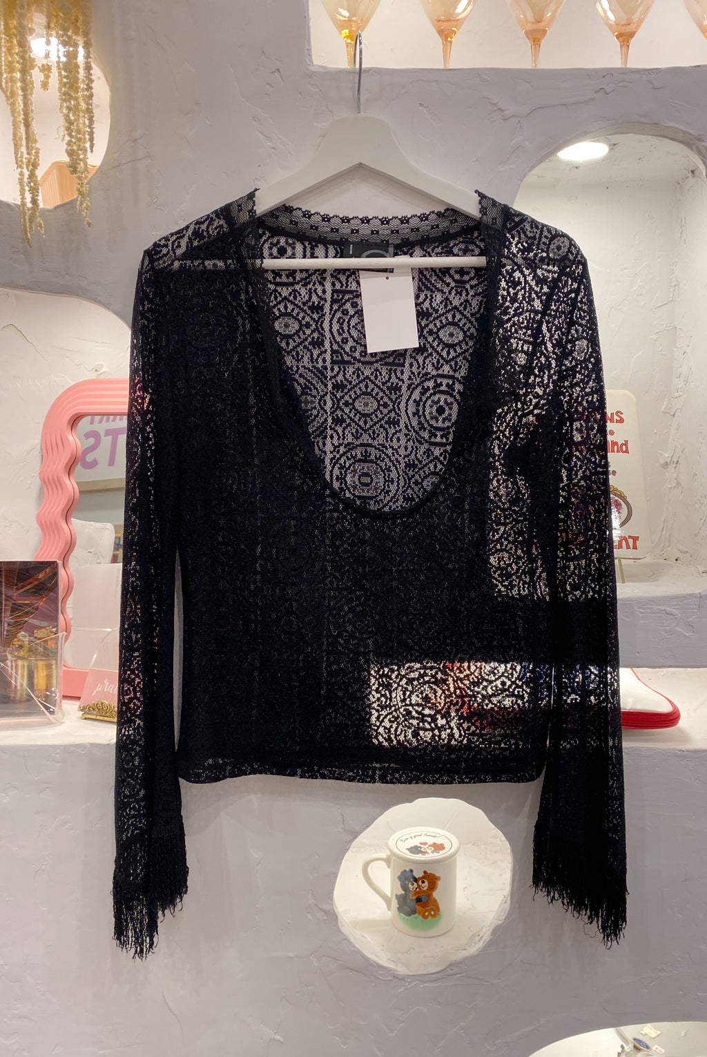 Black Lace Top with Fringe Sleeves