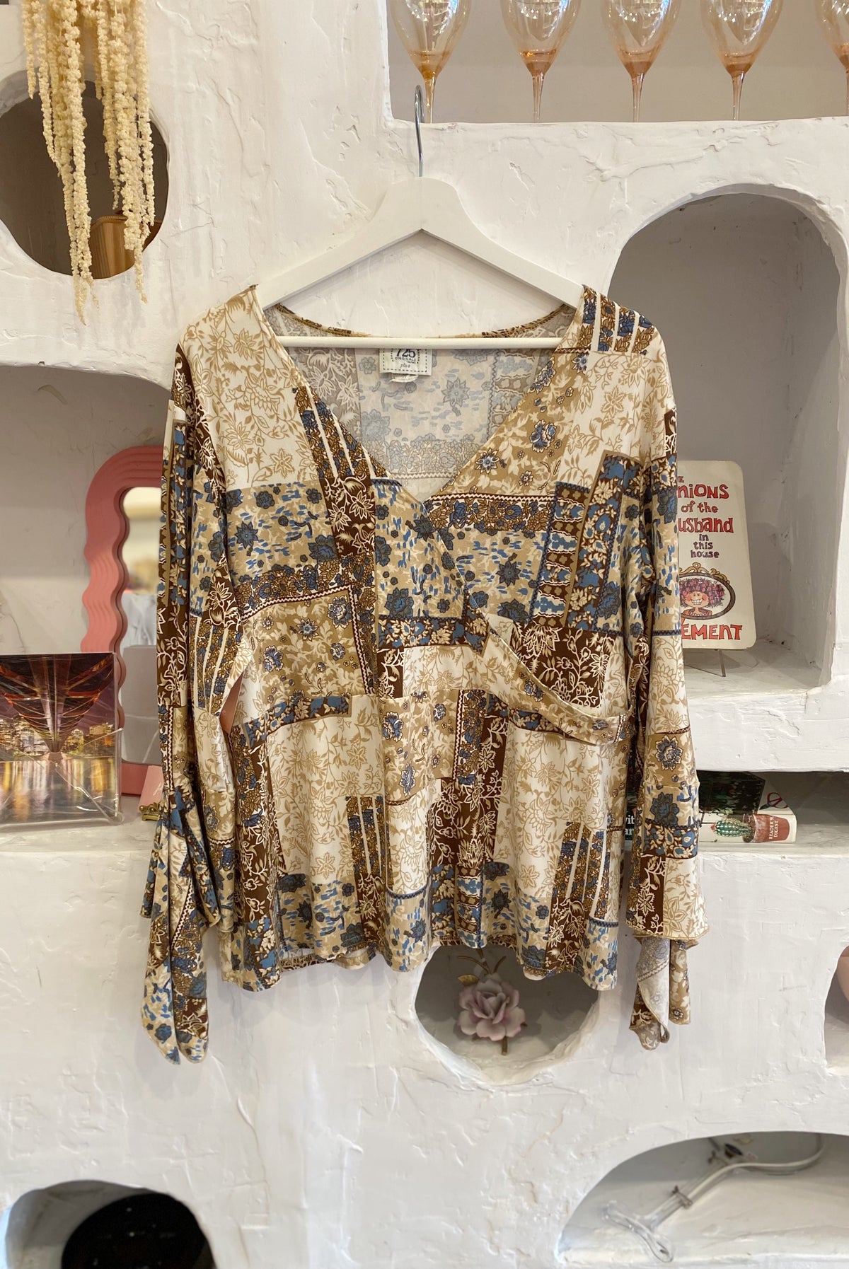 Y2K Patchwork Pattern Faux Wrap Top