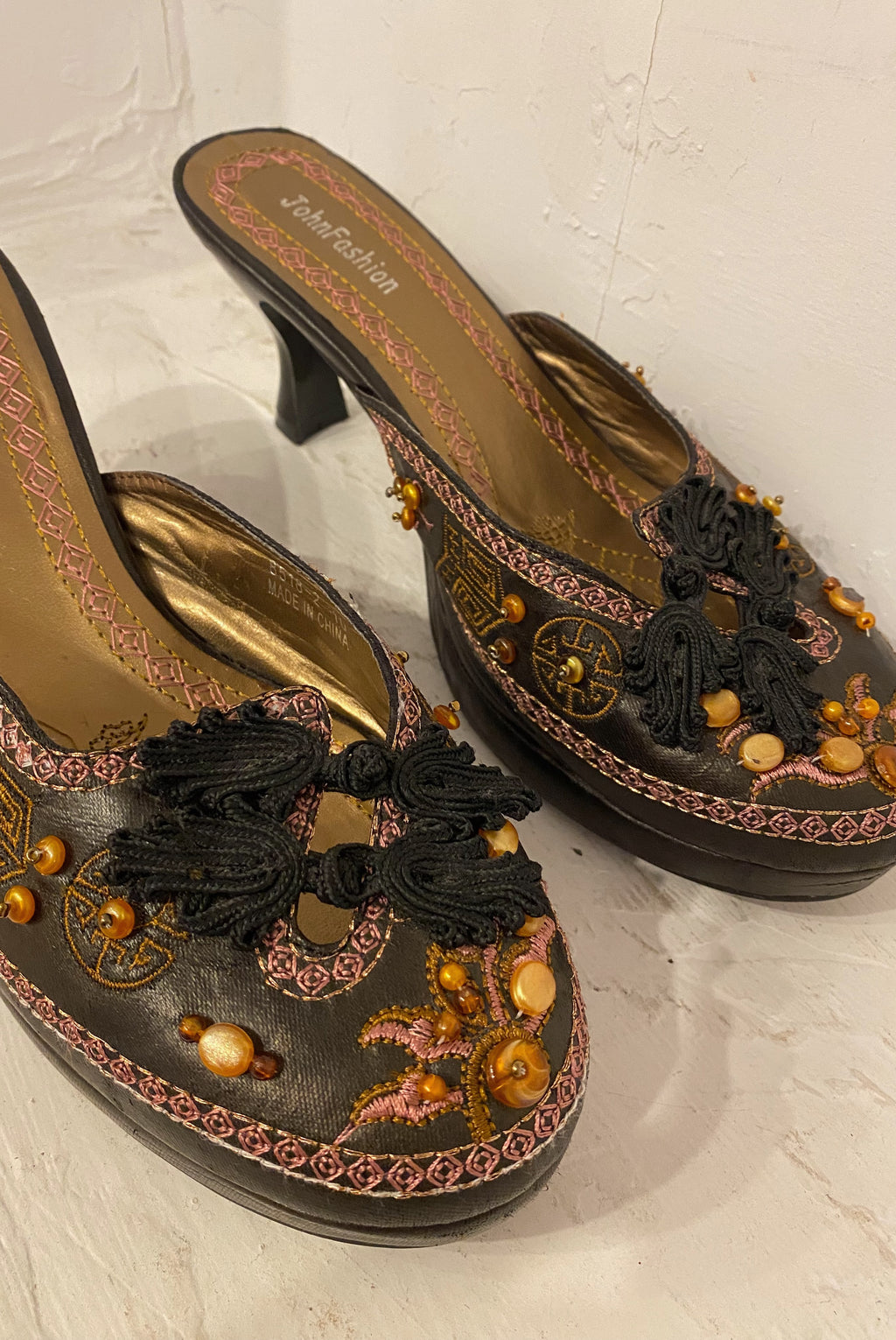 Beaded Chinoiserie Slip On Mules