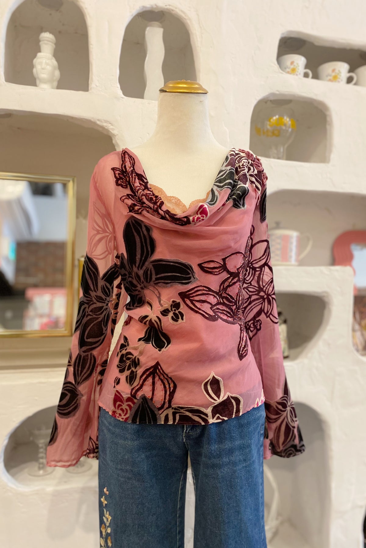 Y2K Mesh & Velvet Floral Blouse