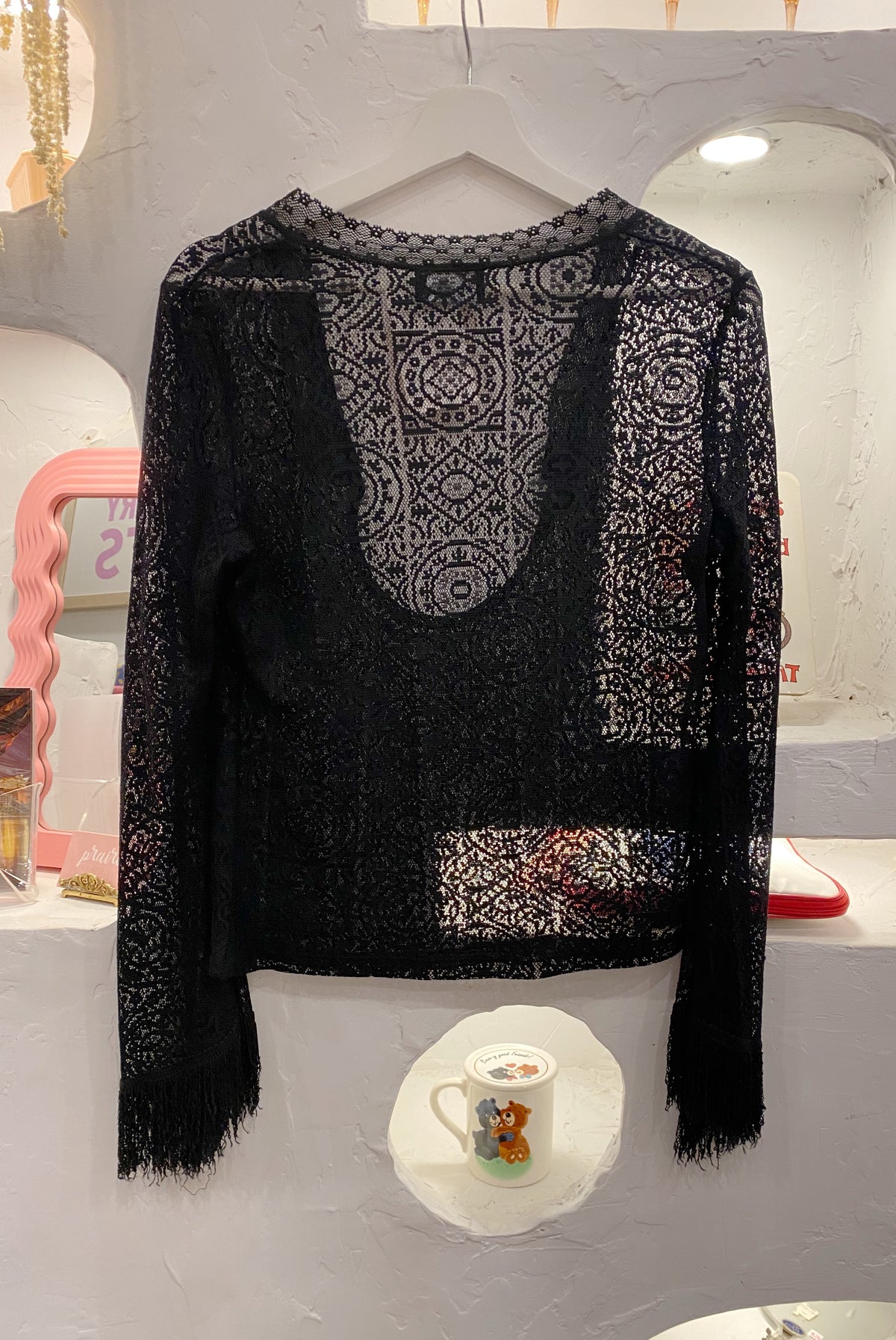 Black Lace Top with Fringe Sleeves