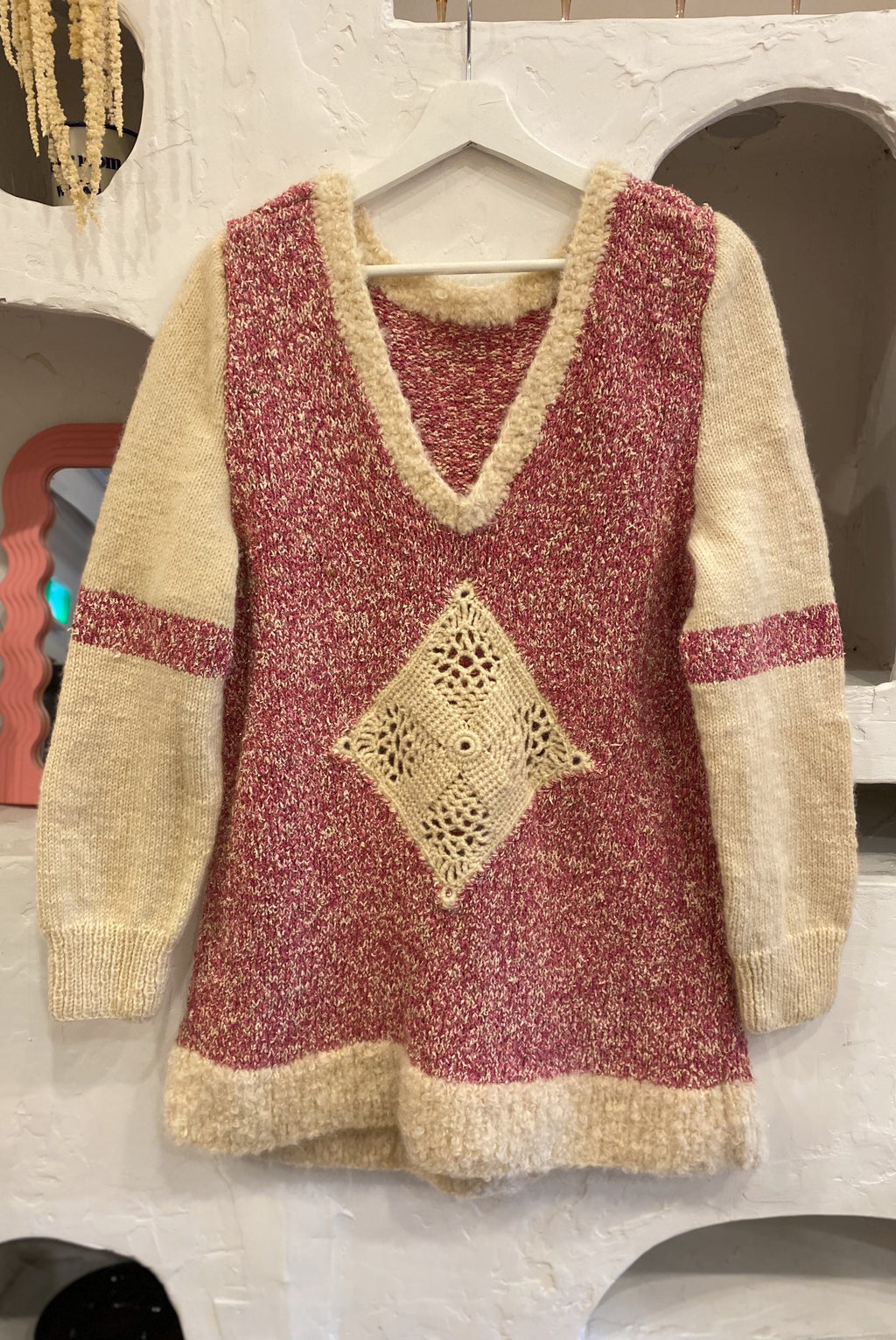 Hand Knit Raspberry & Cream Sweater