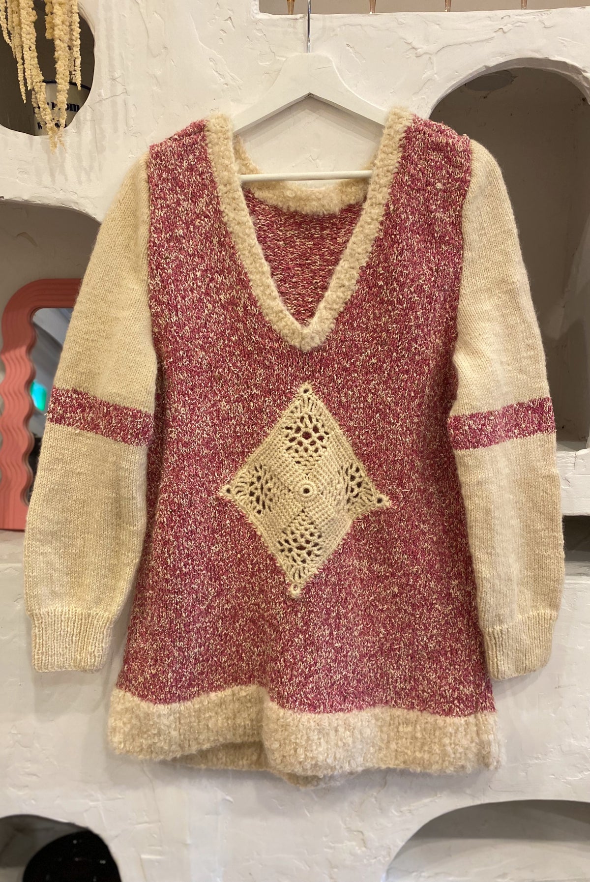 Hand Knit Raspberry & Cream Sweater