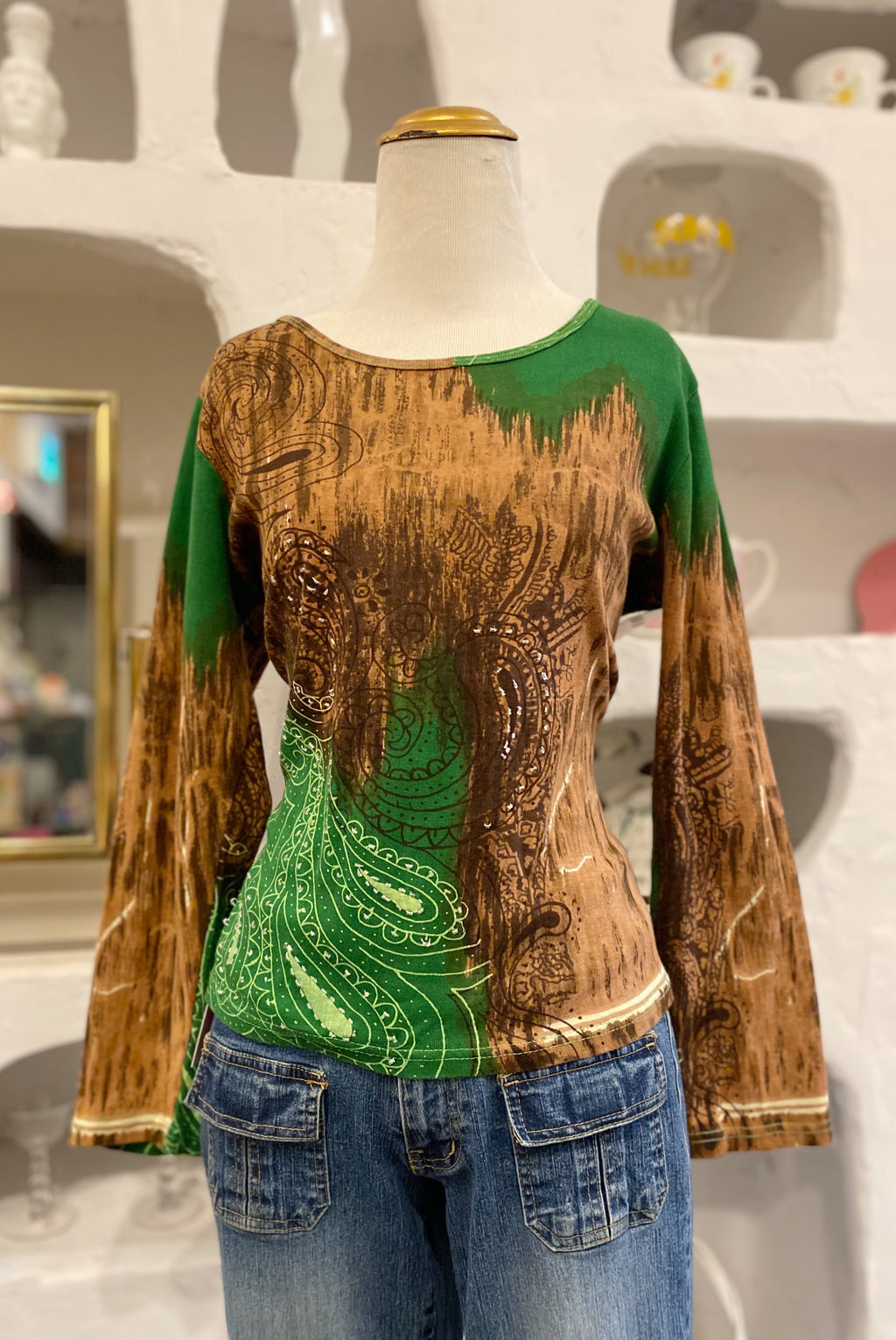 Green & Brown Paisley Beaded Shirt