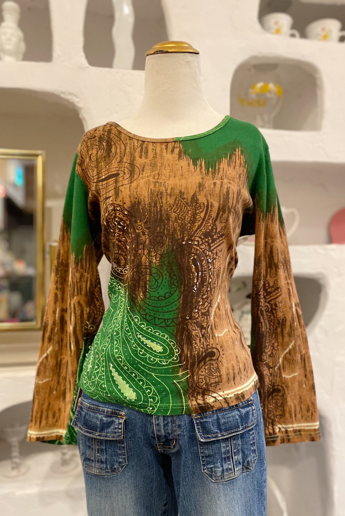 Green & Brown Paisley Beaded Shirt